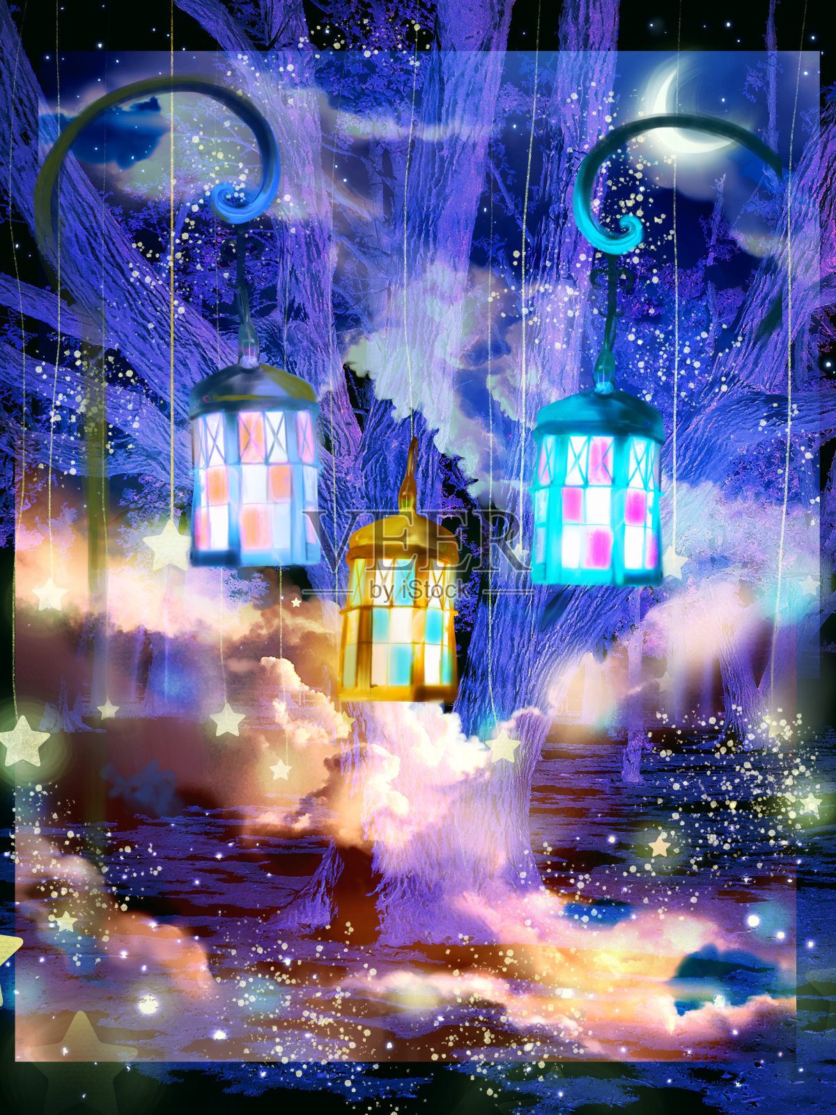 圣诞背景插图，一盏彩色的灯挂在一棵老树上，月亮和星星在美丽的夜空中闪烁插画图片素材