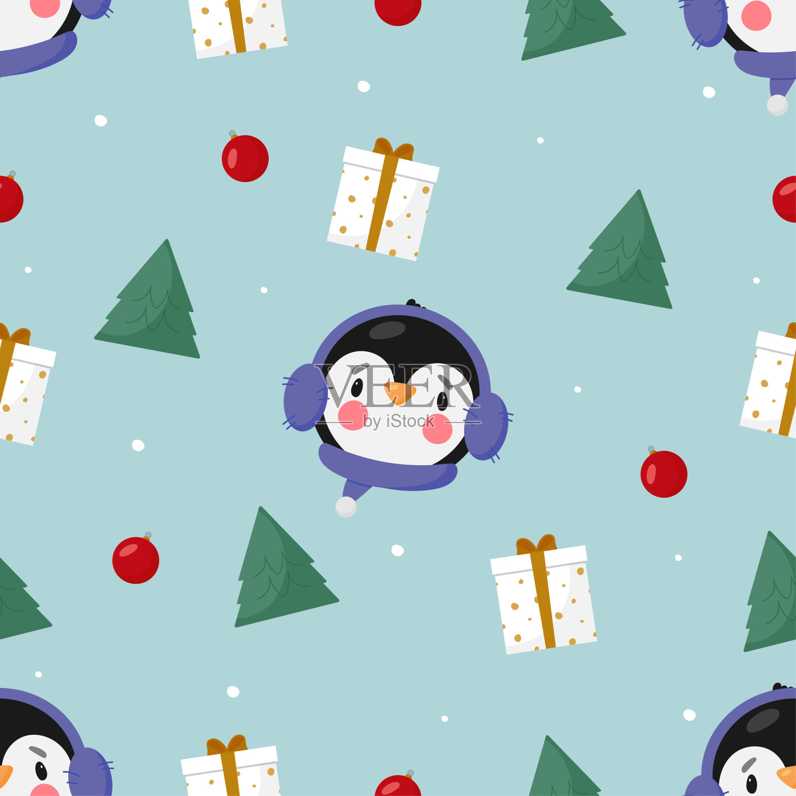 无缝图案与可爱的企鹅。矢量插图。适用于卡片、海报、横幅、包装上印刷、衣服、布料、墙纸上印刷。插画图片素材