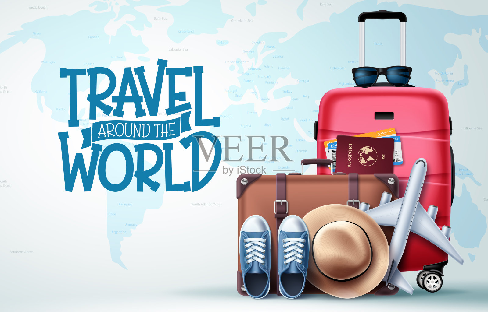 旅行世界矢量设计。环游世界的文字在空白的地图背景插画图片素材