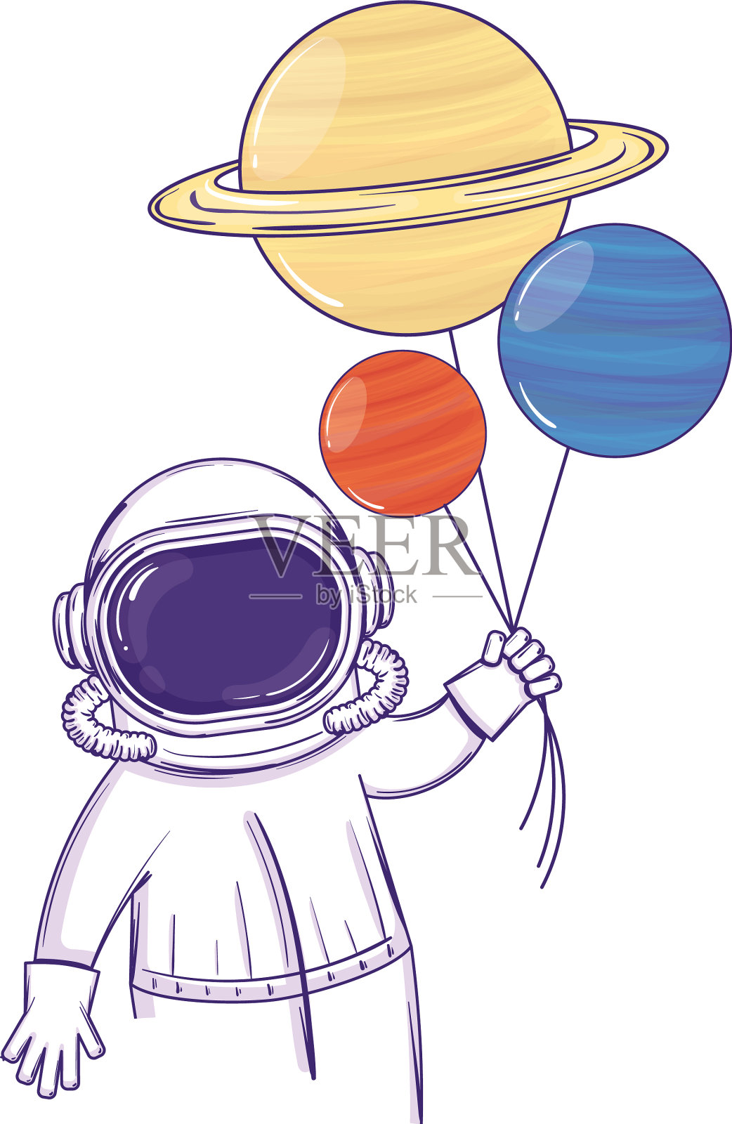 彩色宇航员卡通和行星气球插画图片素材