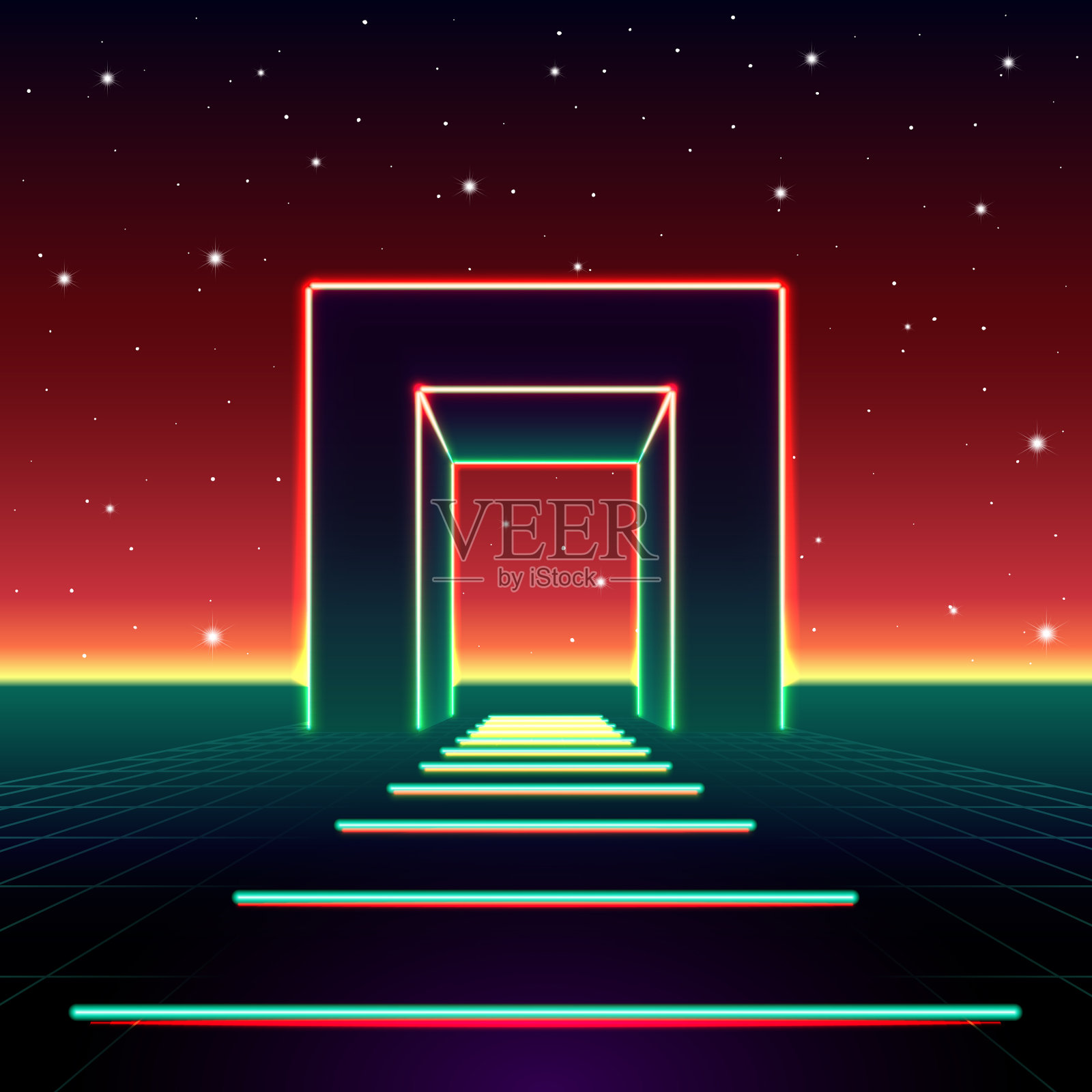 霓虹灯80年代风格的大型门在复古游戏插画图片素材