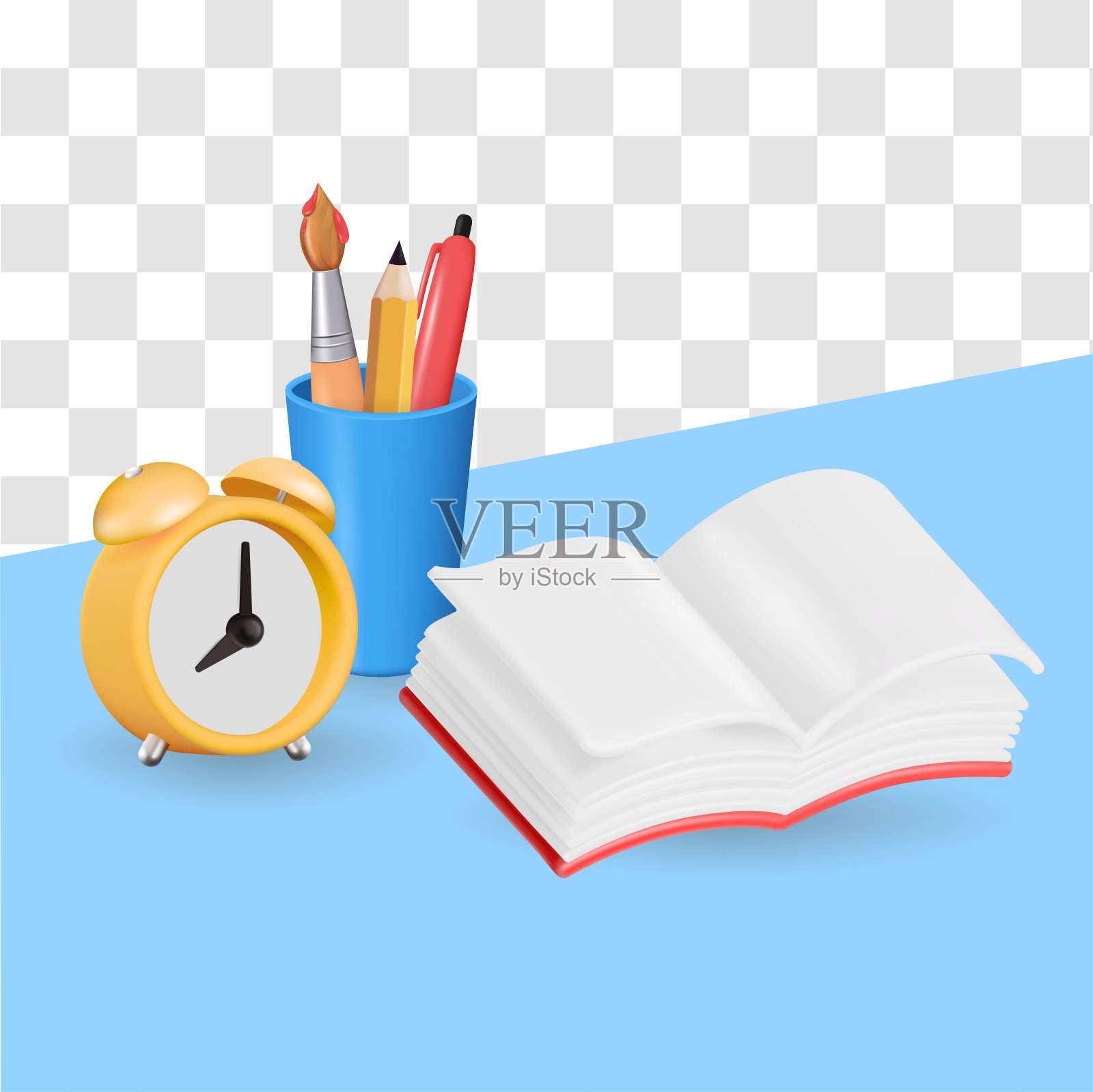 教育，学校矢量图标设置与书籍，闹钟，铅笔。学习，收集3d图标学习。插画图片素材