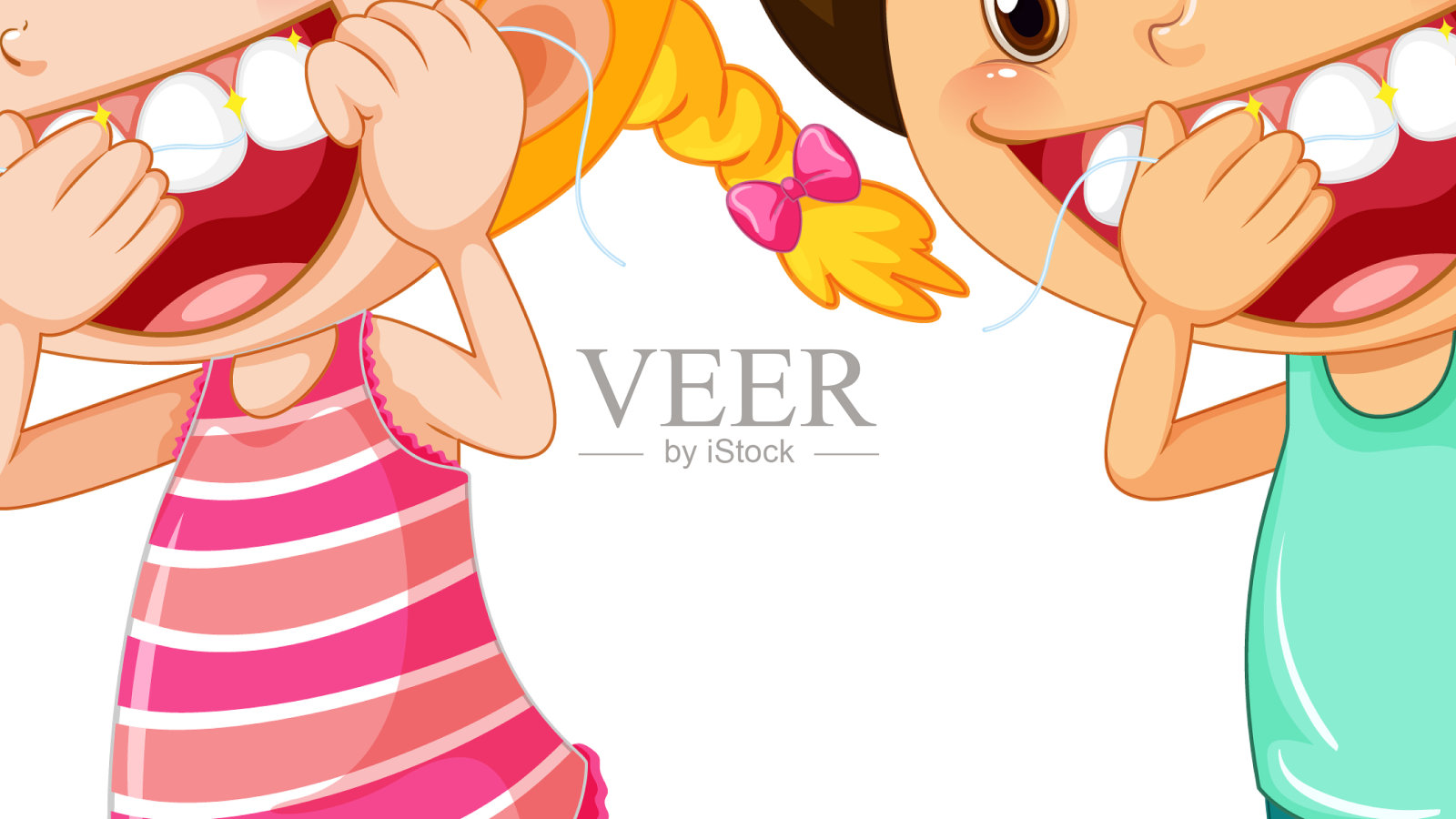 可爱的孩子卡通人物用牙线剔牙设计元素图片