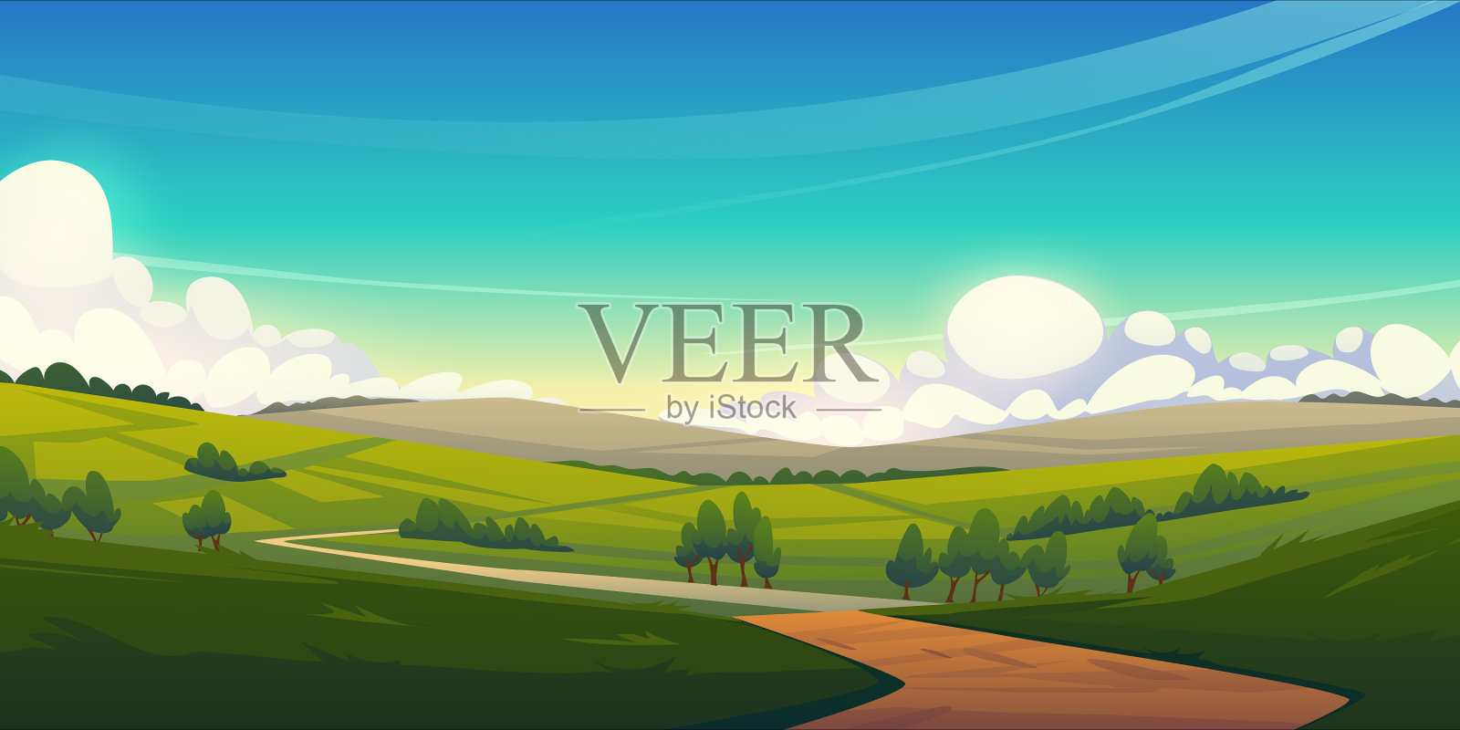 绿色农田和道路景观插画图片素材