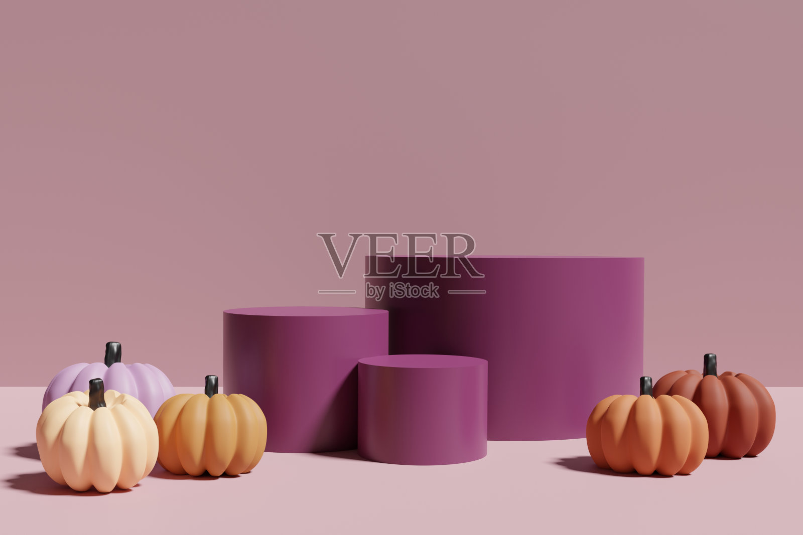 3d渲染不同深浅的橙色南瓜与紫色圆形讲台在淡紫色的背景照片摄影图片