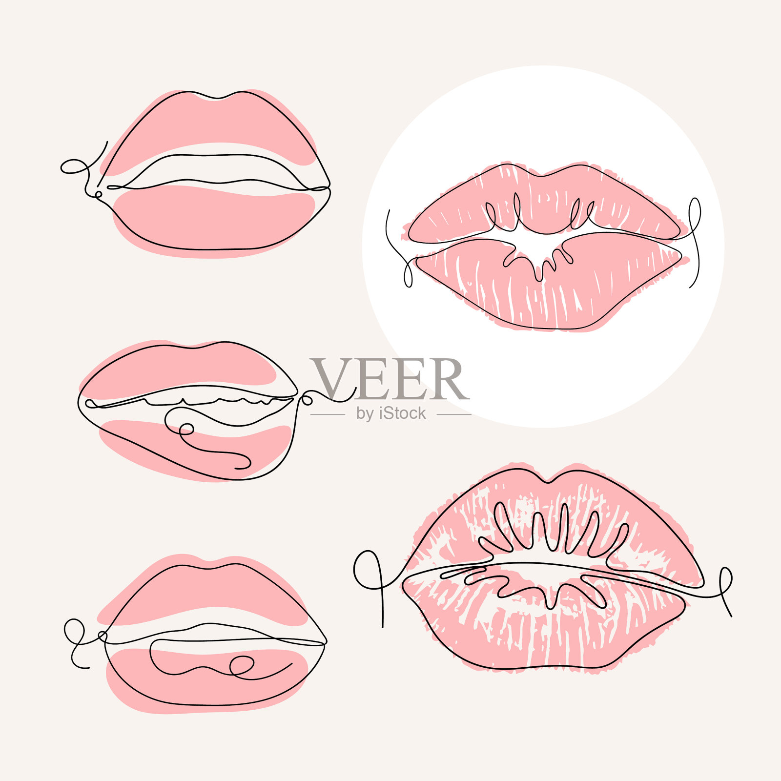 线条艺术风格的一套嘴唇插画图片素材