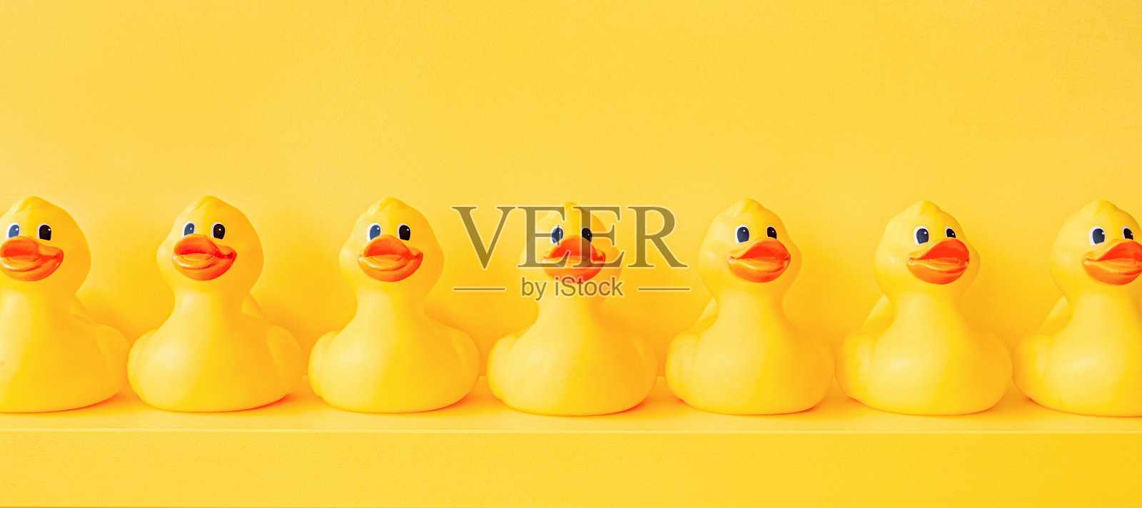 横幅上黄色的橡皮鸭排成一条玩具设计的架子装饰。橡皮鸭背景。橡皮鸭洗澡玩具背景黄鸭子排成一排。会议。社区。协会。组织。黄色的概念照片摄影图片