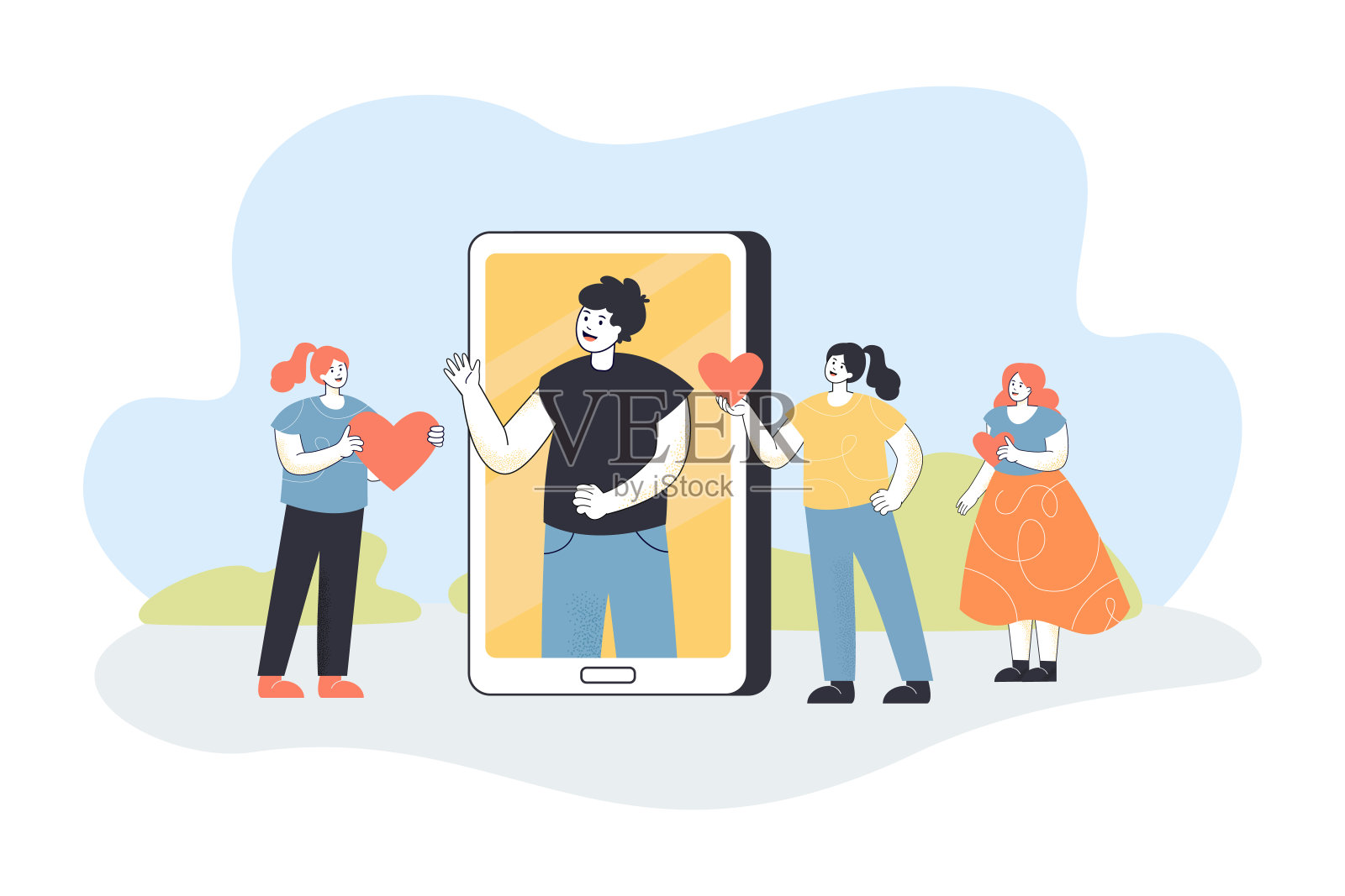 女孩在手机屏幕上给男人爱心和喜欢插画图片素材