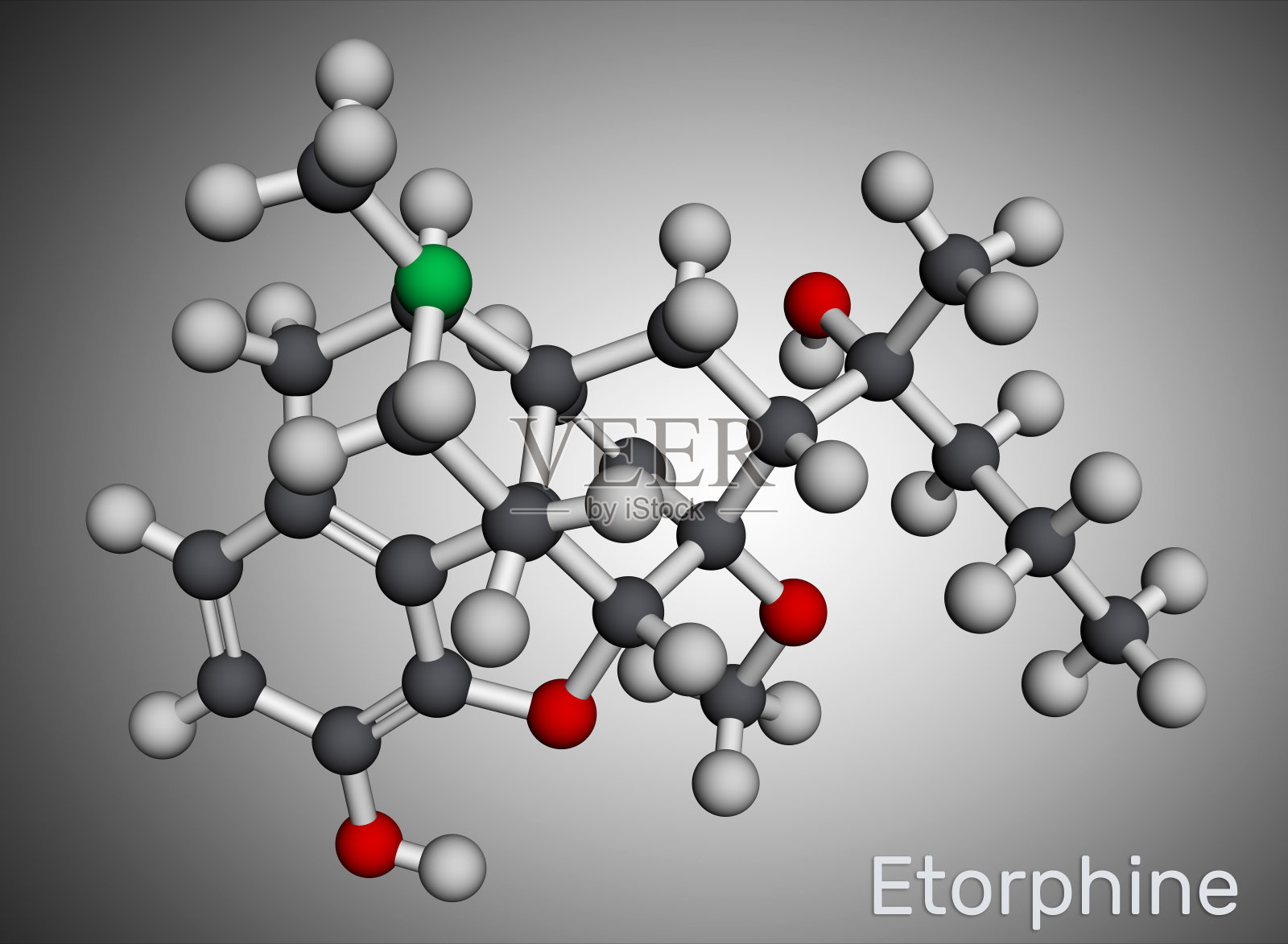 埃托啡,M99分子。它是吗啡类生物碱，阿片类镇痛，仅供兽医使用的镇静剂。分子模型。三维渲染插画图片素材