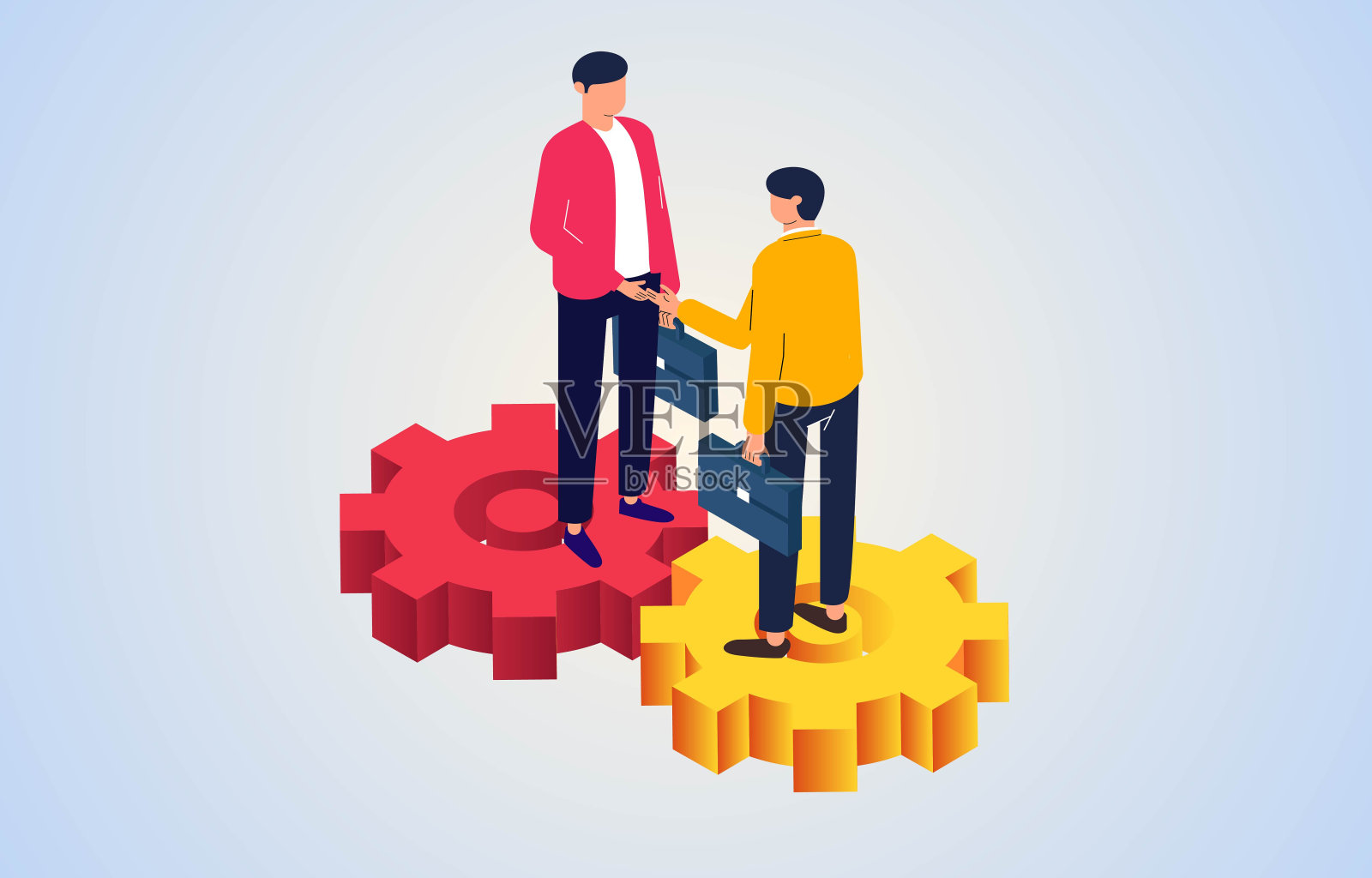 合作或伙伴关系，两个商人站在跑动的齿轮上握手达成协议，相互合作，相互支持，企业文化的概念。插画图片素材