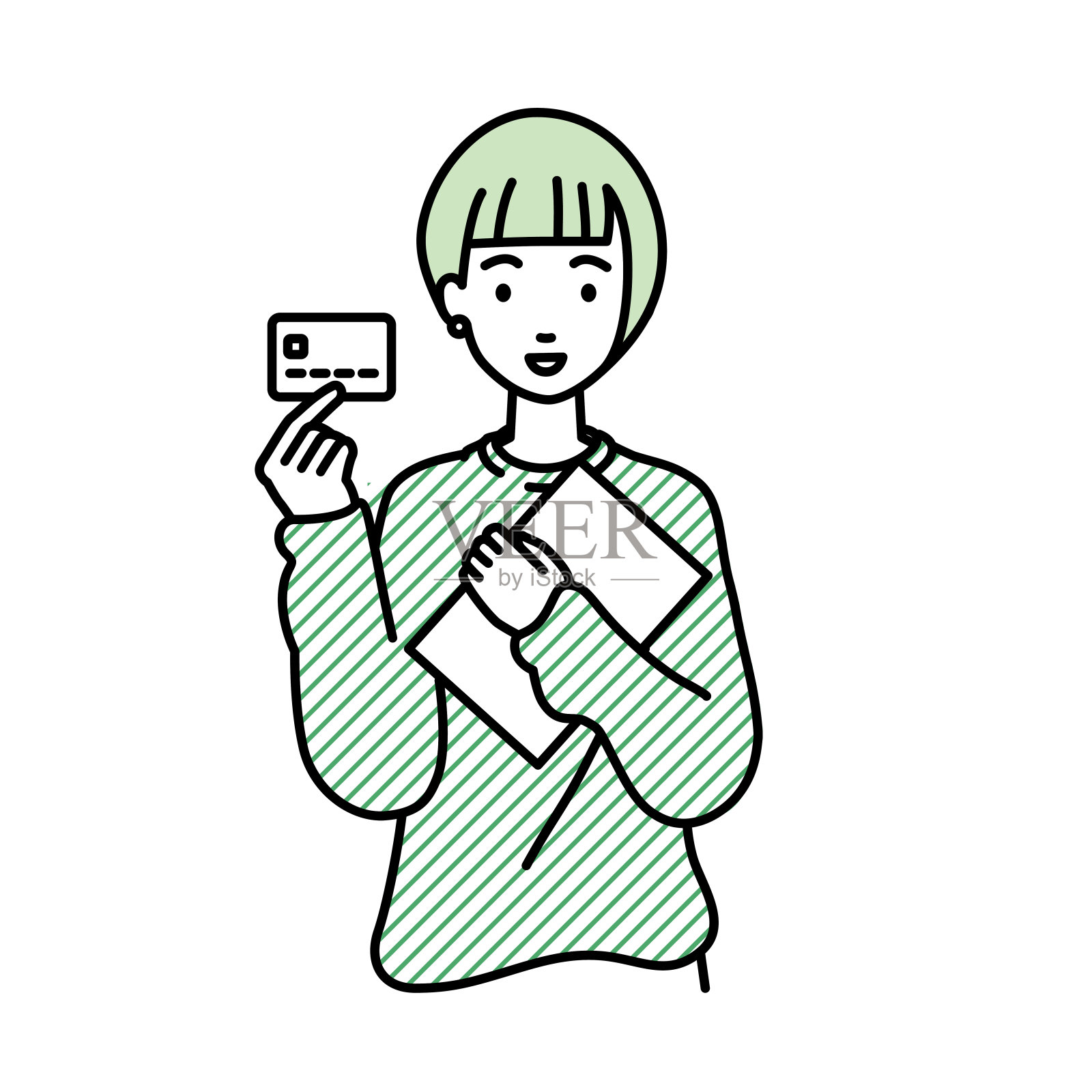 一个很随意的女人拿着一张信用卡和一台文件笔记本电脑插画图片素材