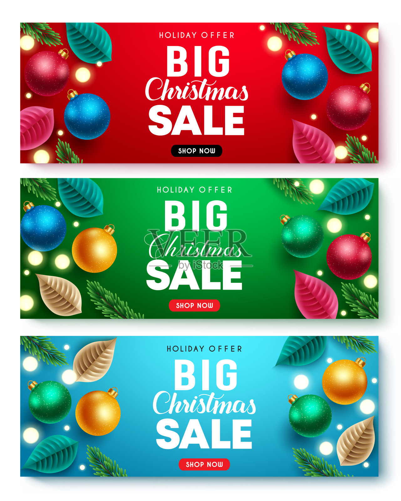 圣诞节大销售矢量横幅集。圣诞大减价文字与节日提供优惠折扣与丰富多彩的装饰元素的圣诞季购物促销。插画图片素材