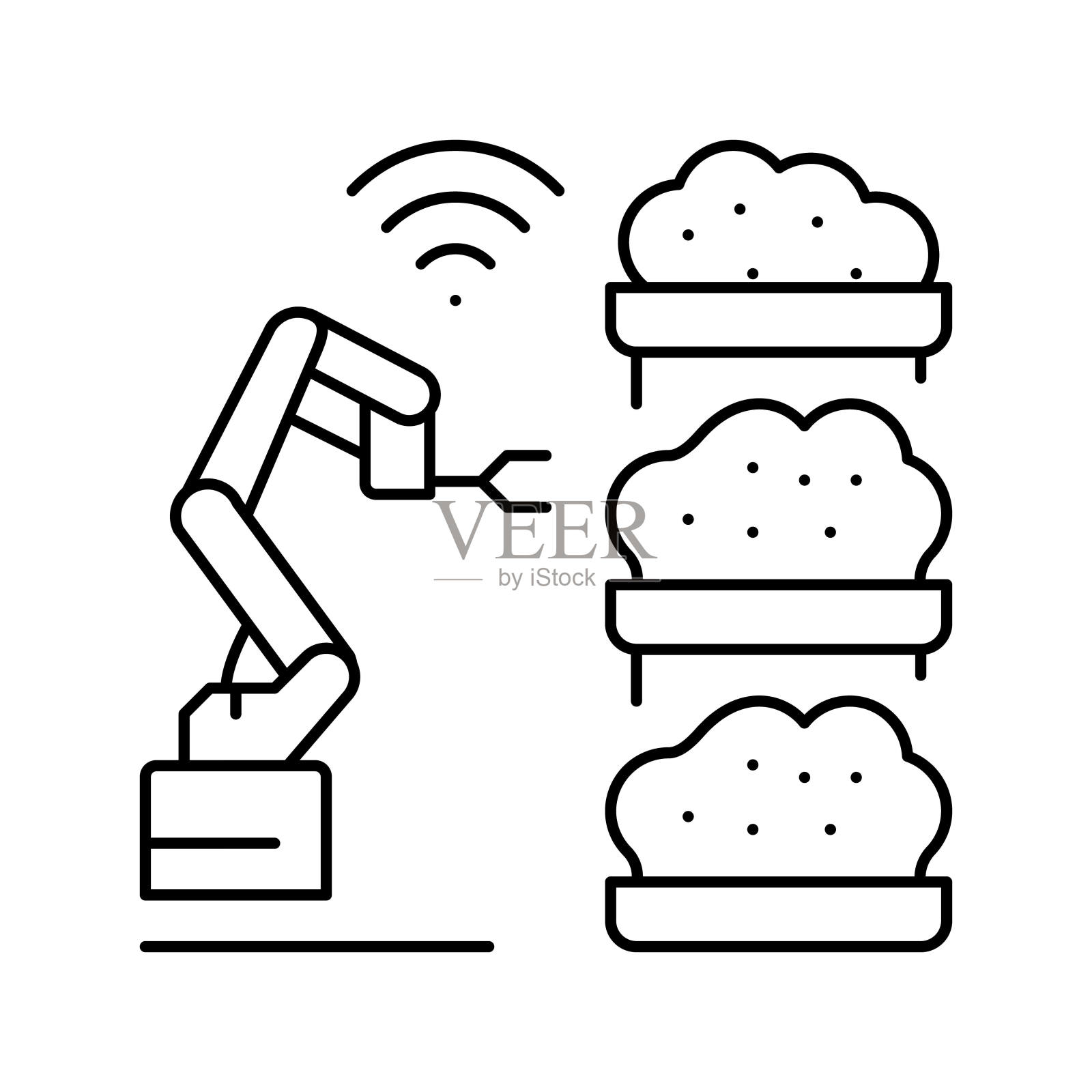 机器人农民智能农场线图标矢量插图插画图片素材