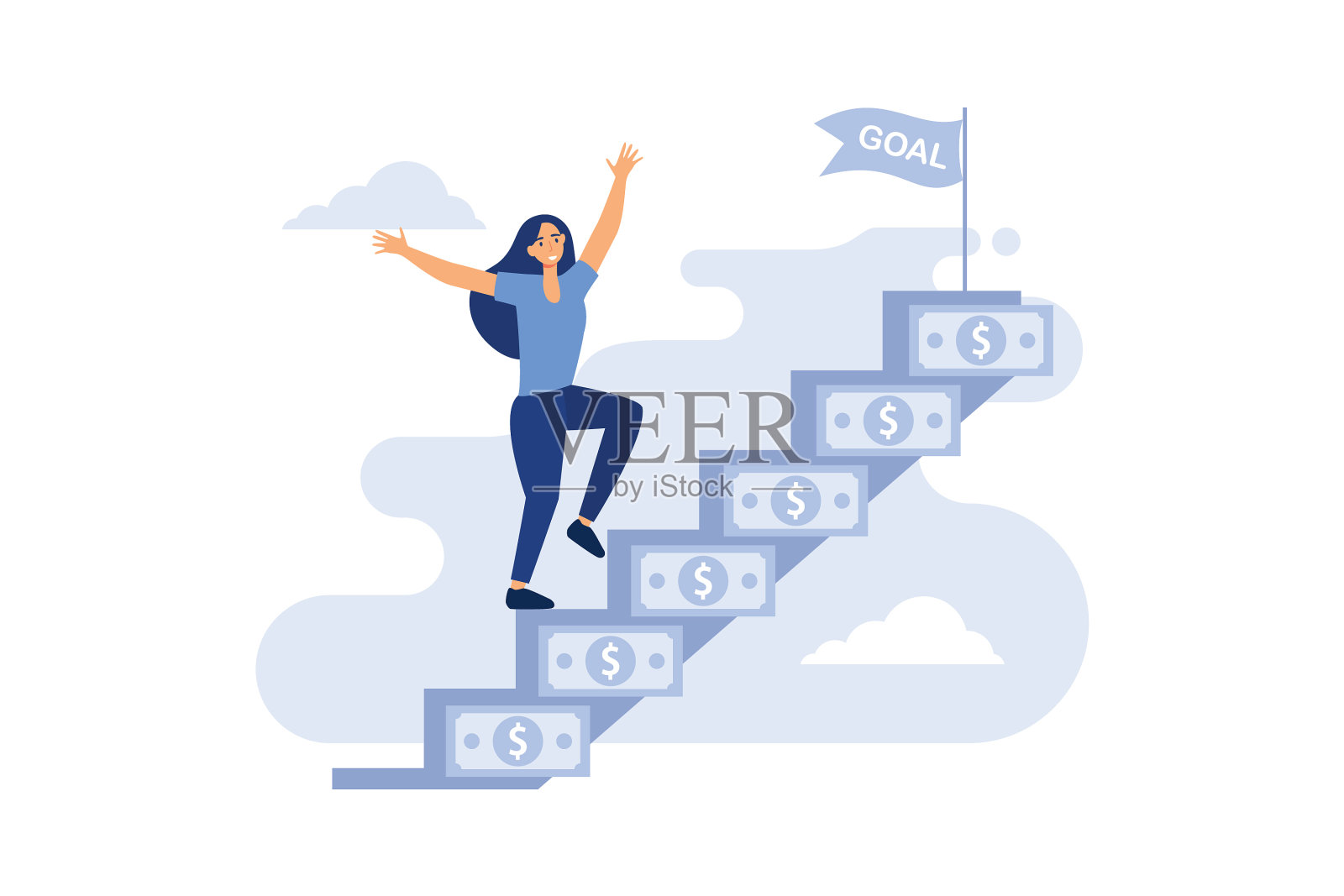 女商人在天空中走着一条有钱的路插画图片素材
