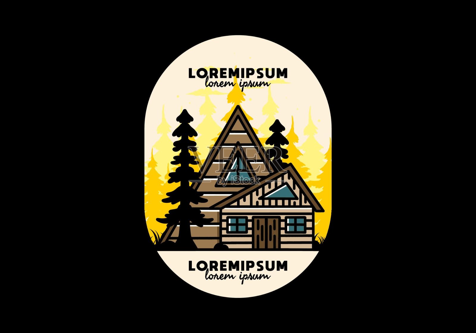 美学木屋之间的两棵松树插图徽章设计插画图片素材