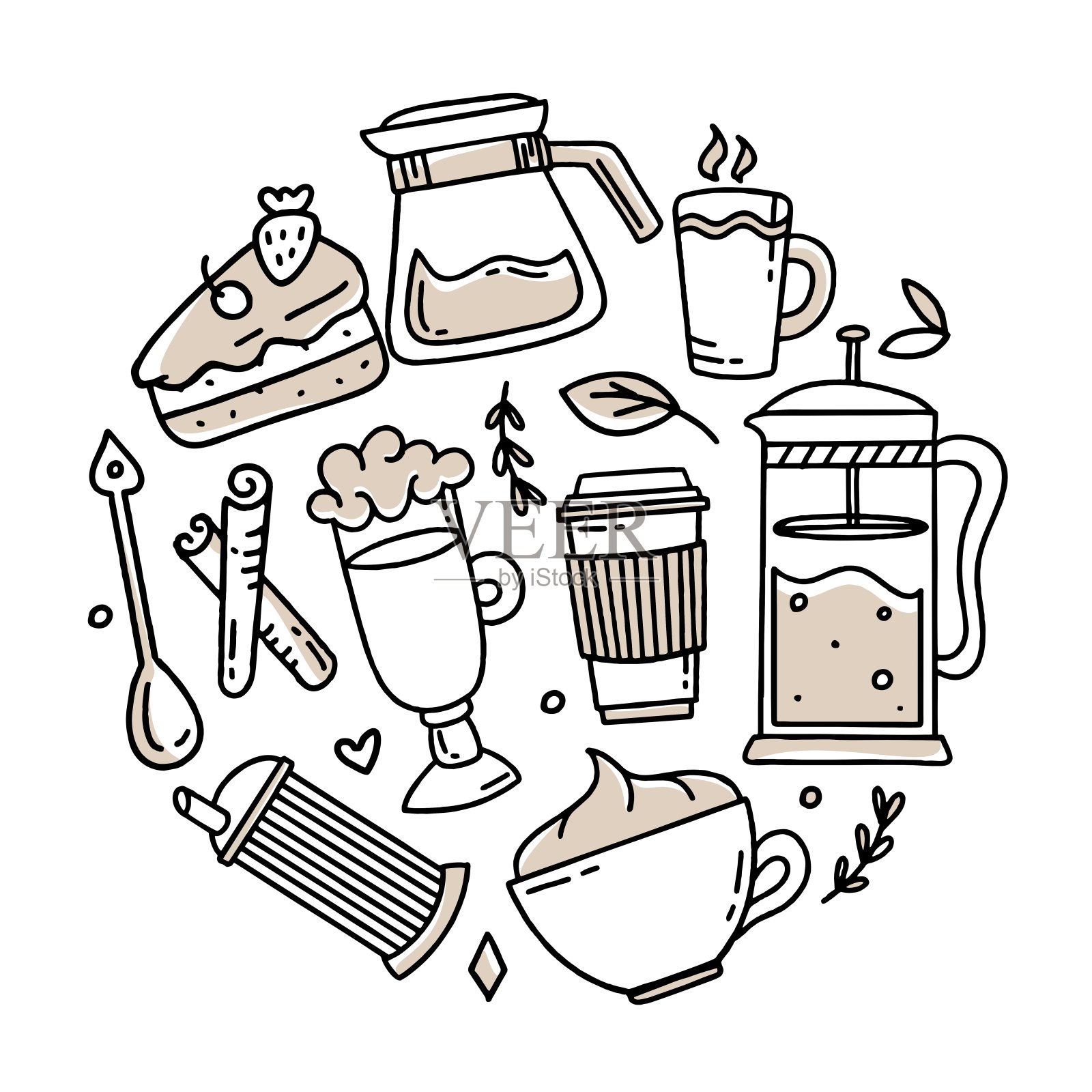 咖啡馆的一组元素，用于海报、横幅、明信片和包装设计，手绘风格的矢量插图插画图片素材