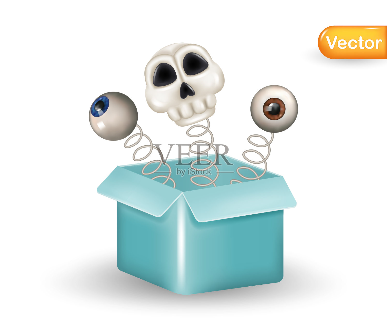 眼睛和头骨从惊喜箱中跳出。现实的三维设计。万圣节快乐。创意装饰海报，网页横幅，传单，宣传册。矢量图插画图片素材