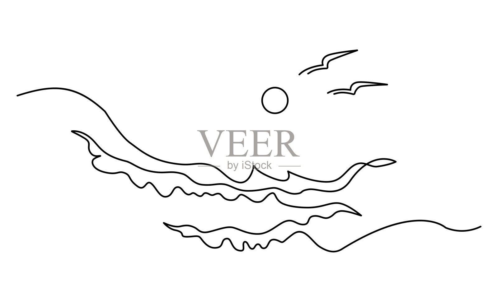 海浪、海鸥和阳光的海景。连续的线条画。线性矢量插图，孤立在白色背景上插画图片素材