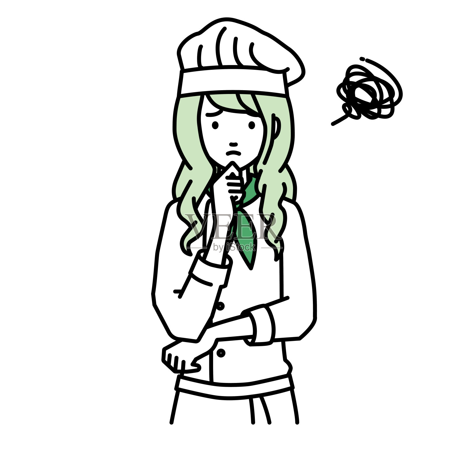 一个女厨师用手指托着下巴都站不稳插画图片素材