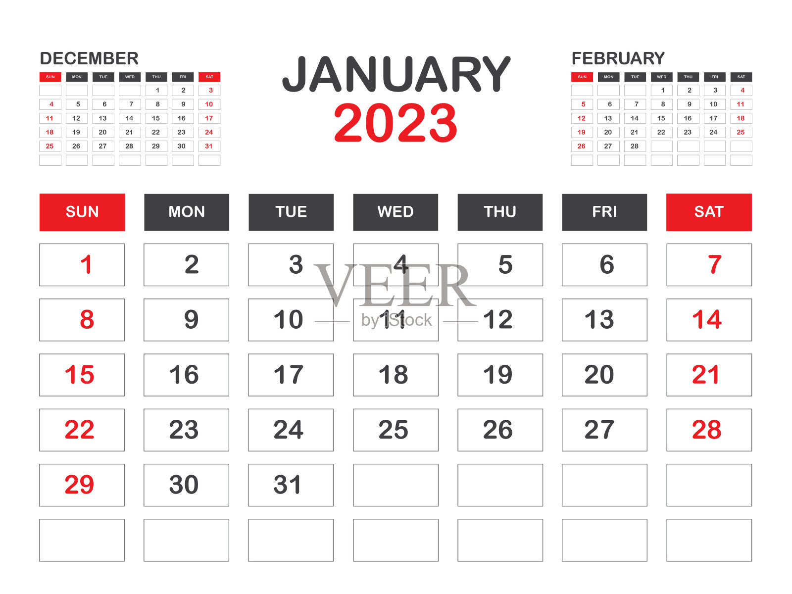 日历2023模板简约风格，2023年1月模板，桌面日历2023年，墙日历，星期从周日开始，规划师，印刷媒体，海报，广告，红色背景向量插画图片素材