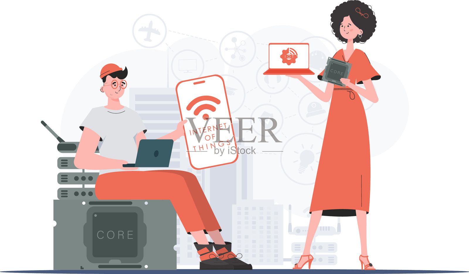 物联网概念，女孩和男孩是一个团队设计元素图片