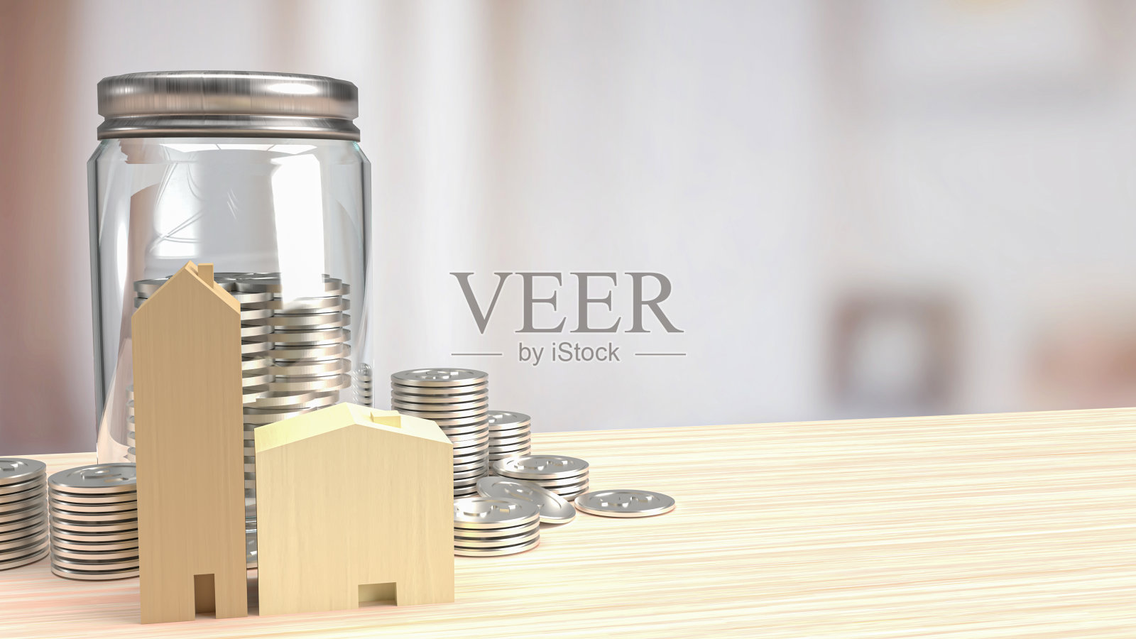 家用木材玩具和罐子硬币保存或财产概念3d渲染照片摄影图片