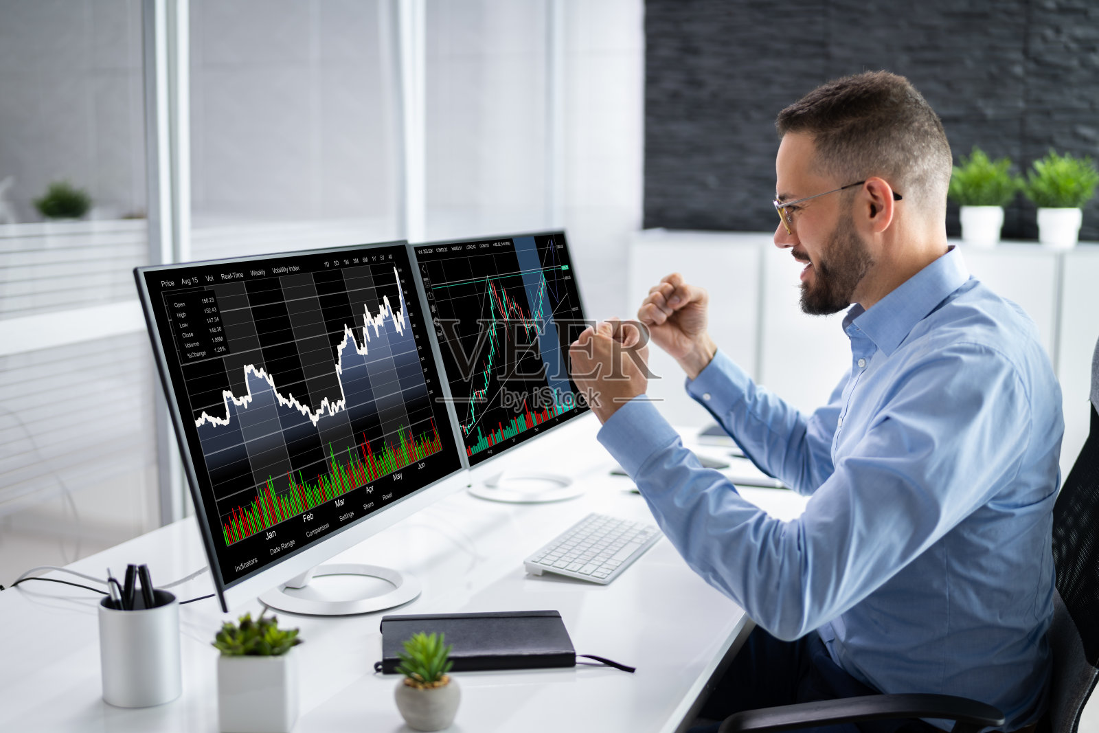 成功的股票交易员在喜悦照片摄影图片