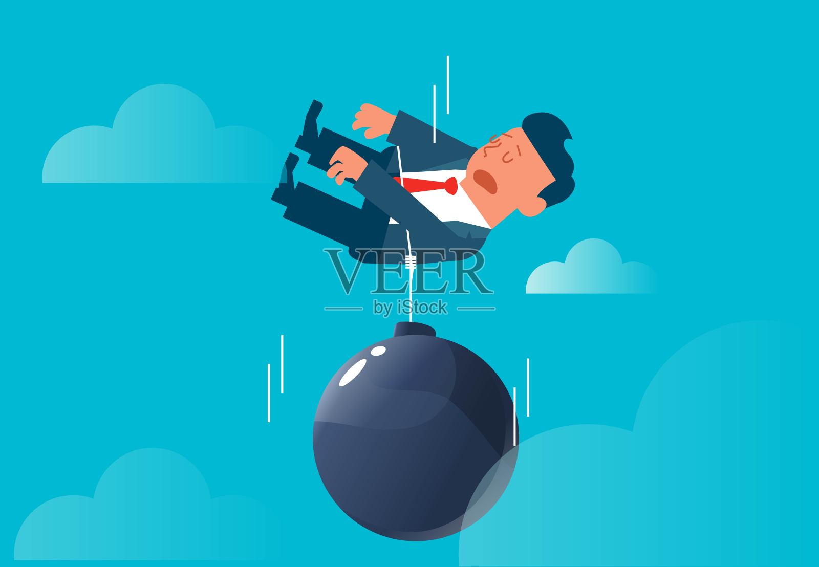 熟睡中的商人被一个巨大的铁球拉在一起，从高空坠落插画图片素材