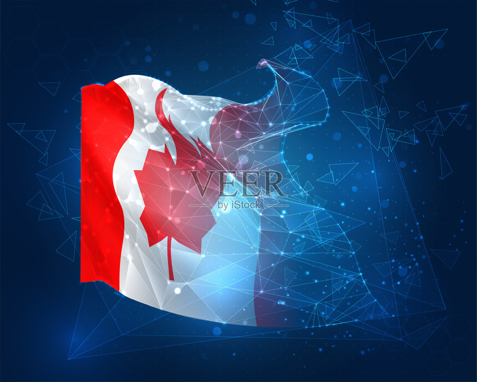 加拿大，矢量标志，蓝色背景上三角形多边形的虚拟抽象3D对象插画图片素材