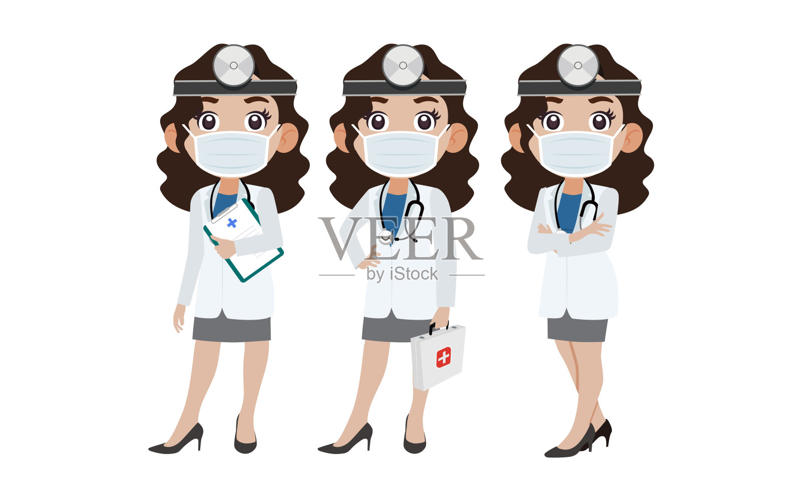 不同姿势的医生。向量插画图片素材