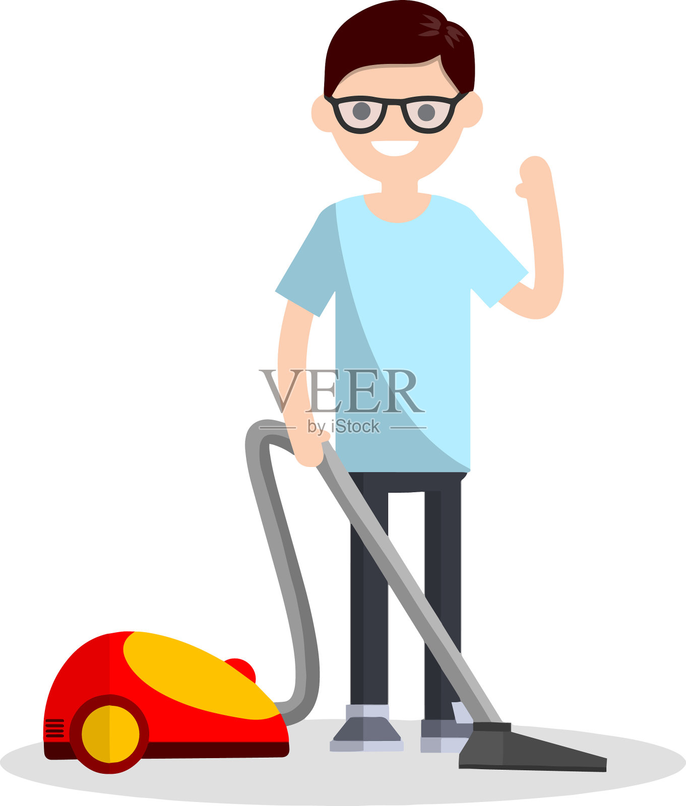 穿着蓝色衣服拿着吸尘器的男人设计元素图片