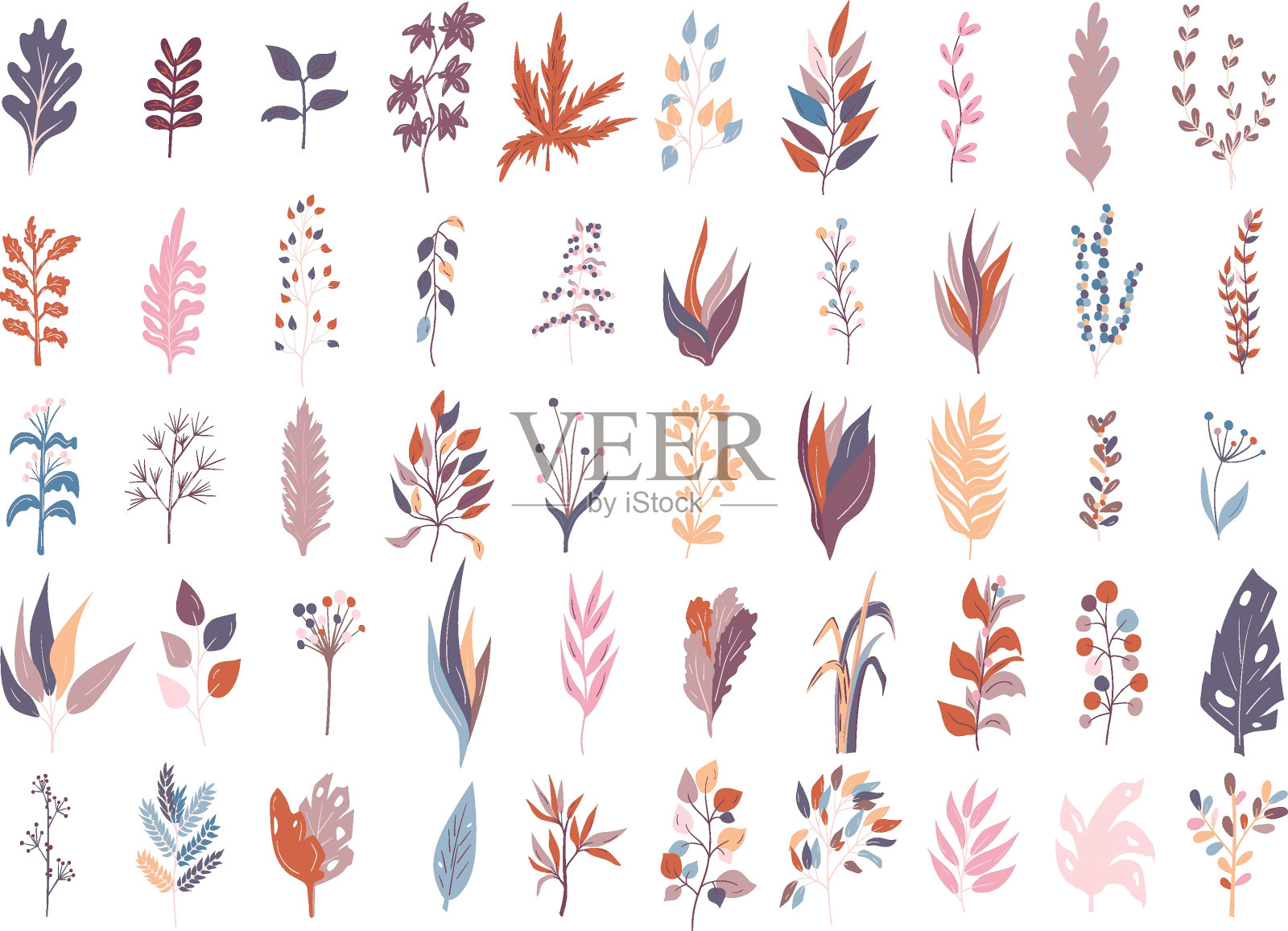 在涂鸦风格的一套树叶图标设计元素图片