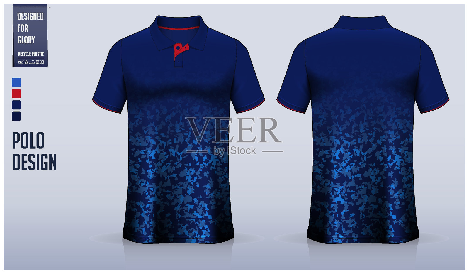 蓝色polo衫模型模板设计足球球衣，足球装备，高尔夫球，网球，运动服。迷彩图案。插画图片素材
