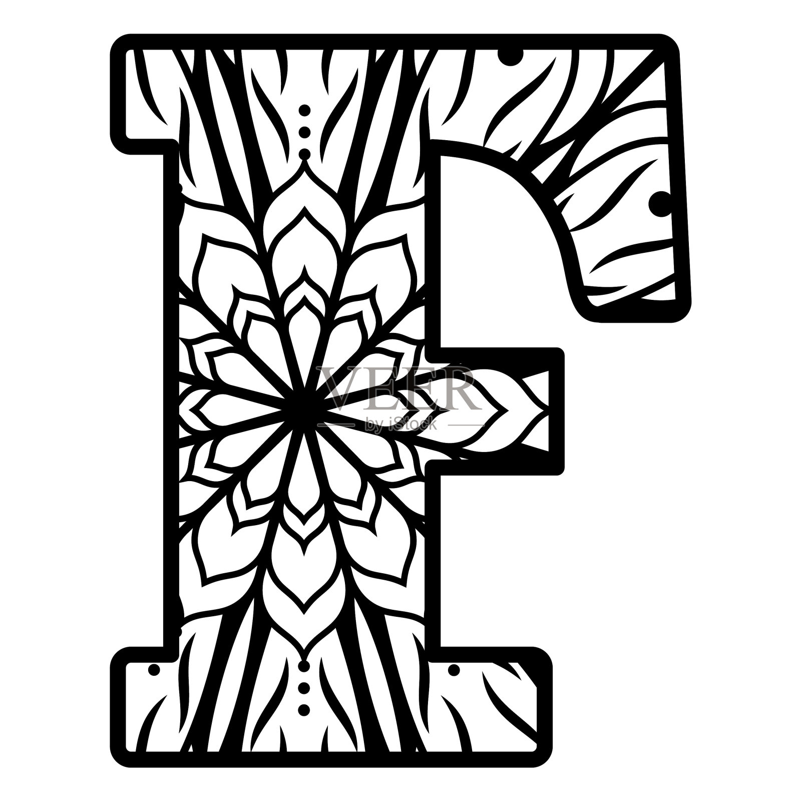 可印刷的字母f曼荼罗设计元素图片