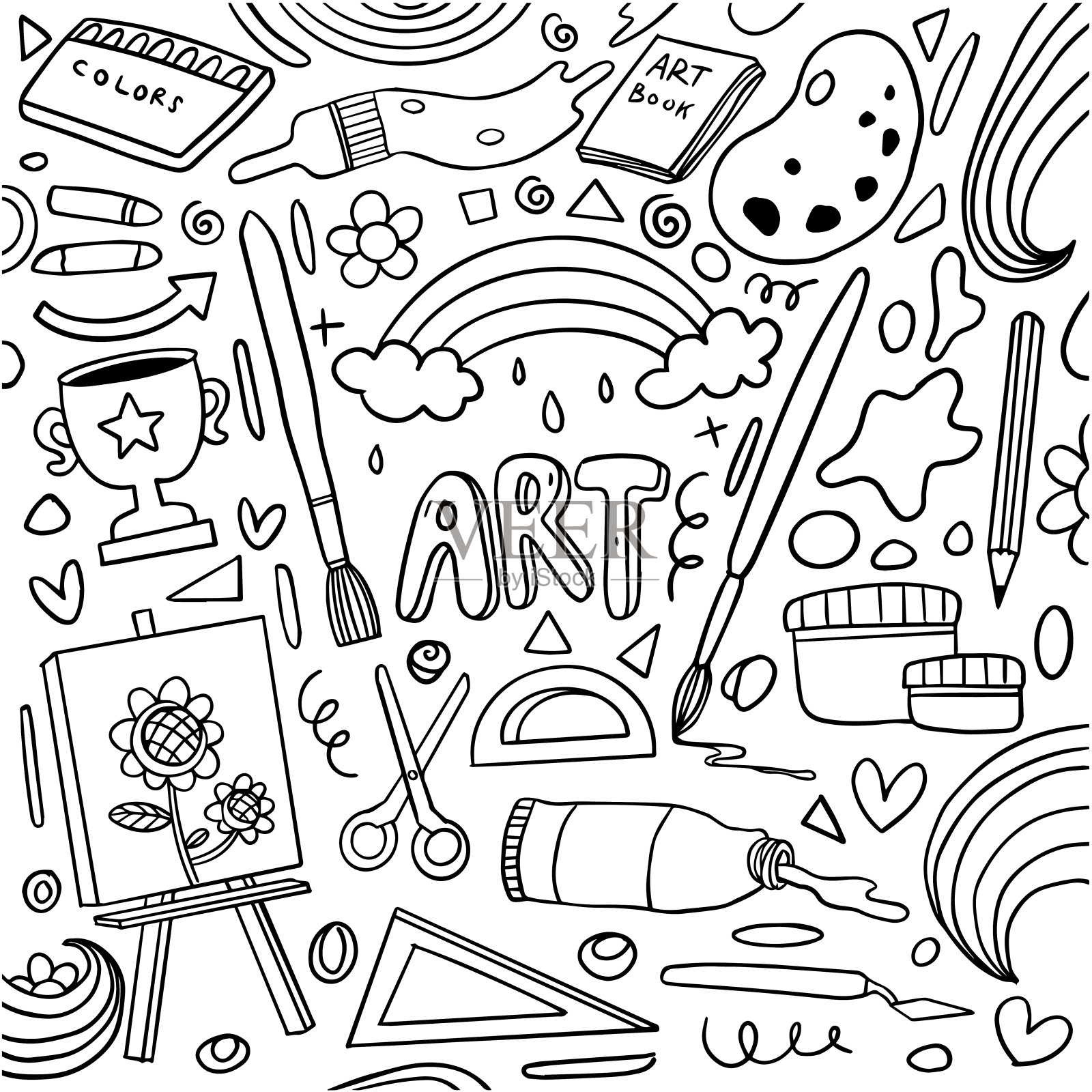 手绘的喘息和创造力的涂鸦风格孤立在白色背景，矢量手绘设定创意主题。矢量图插画图片素材