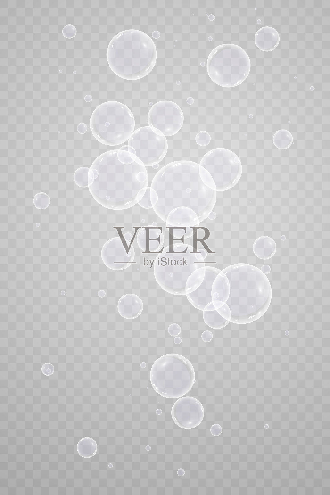 一套色彩缤纷、色彩斑斓的肥皂泡设计。孤立的，透明的，现实的肥皂泡在透明的背景。插画图片素材