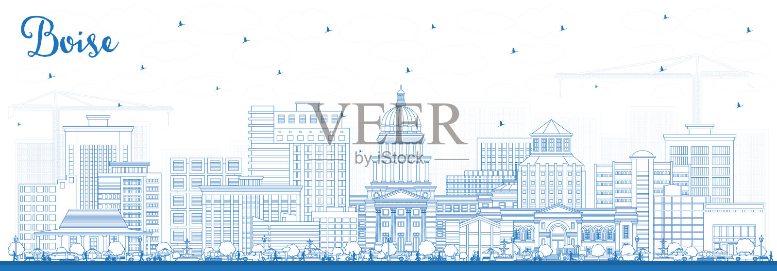 用蓝色勾勒爱达荷州博伊西市的天际线插画图片素材