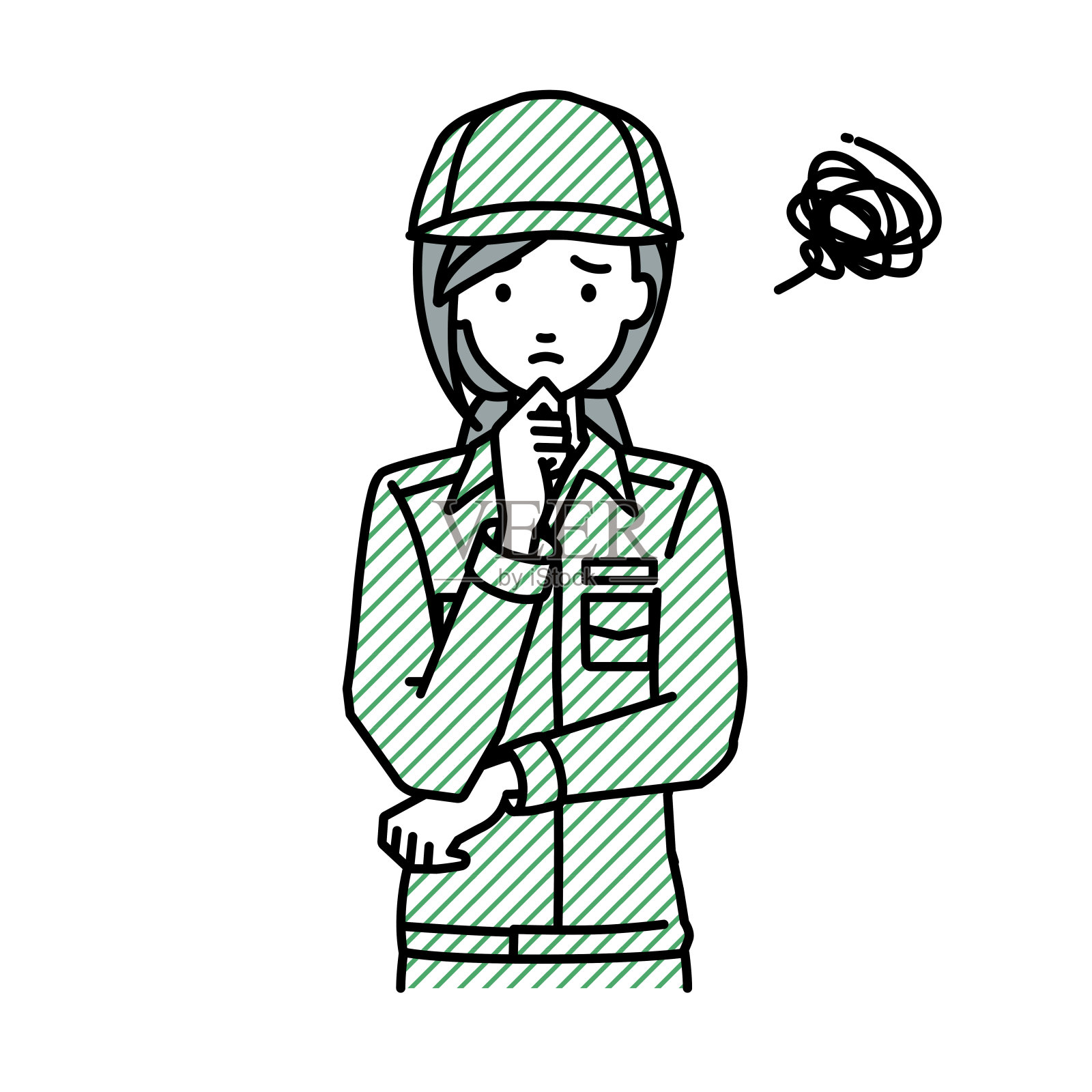 一个蓝领女工用手指托着下巴站不稳插画图片素材