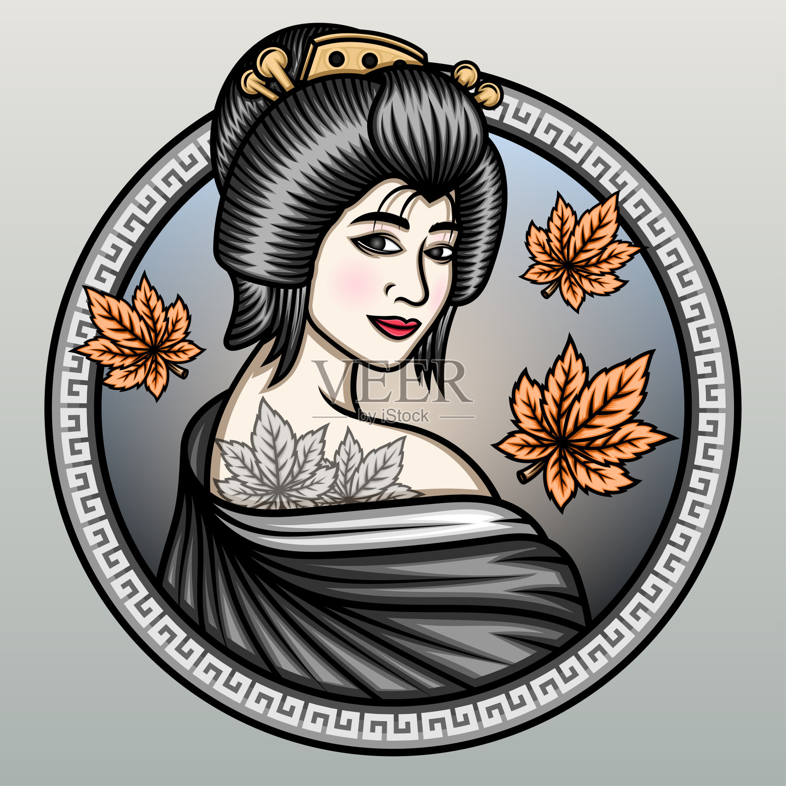 艺伎和枫叶插画图片素材