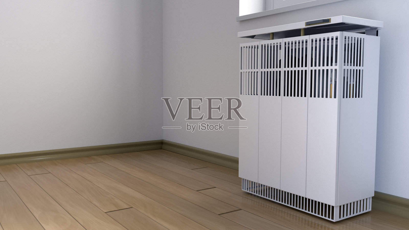 房间内的白色天然气对流加热器。照片摄影图片