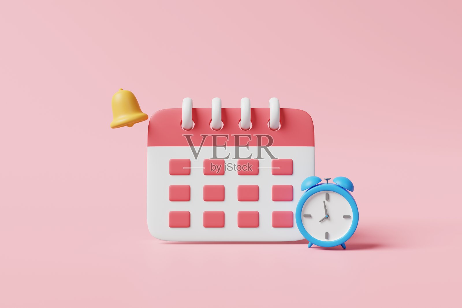 最小月历与蓝色的时钟和闹钟通知图标在粉红色的背景。商务约会、会议日程安排、议程规划。日常工作，事件提醒的概念。三维渲染照片摄影图片