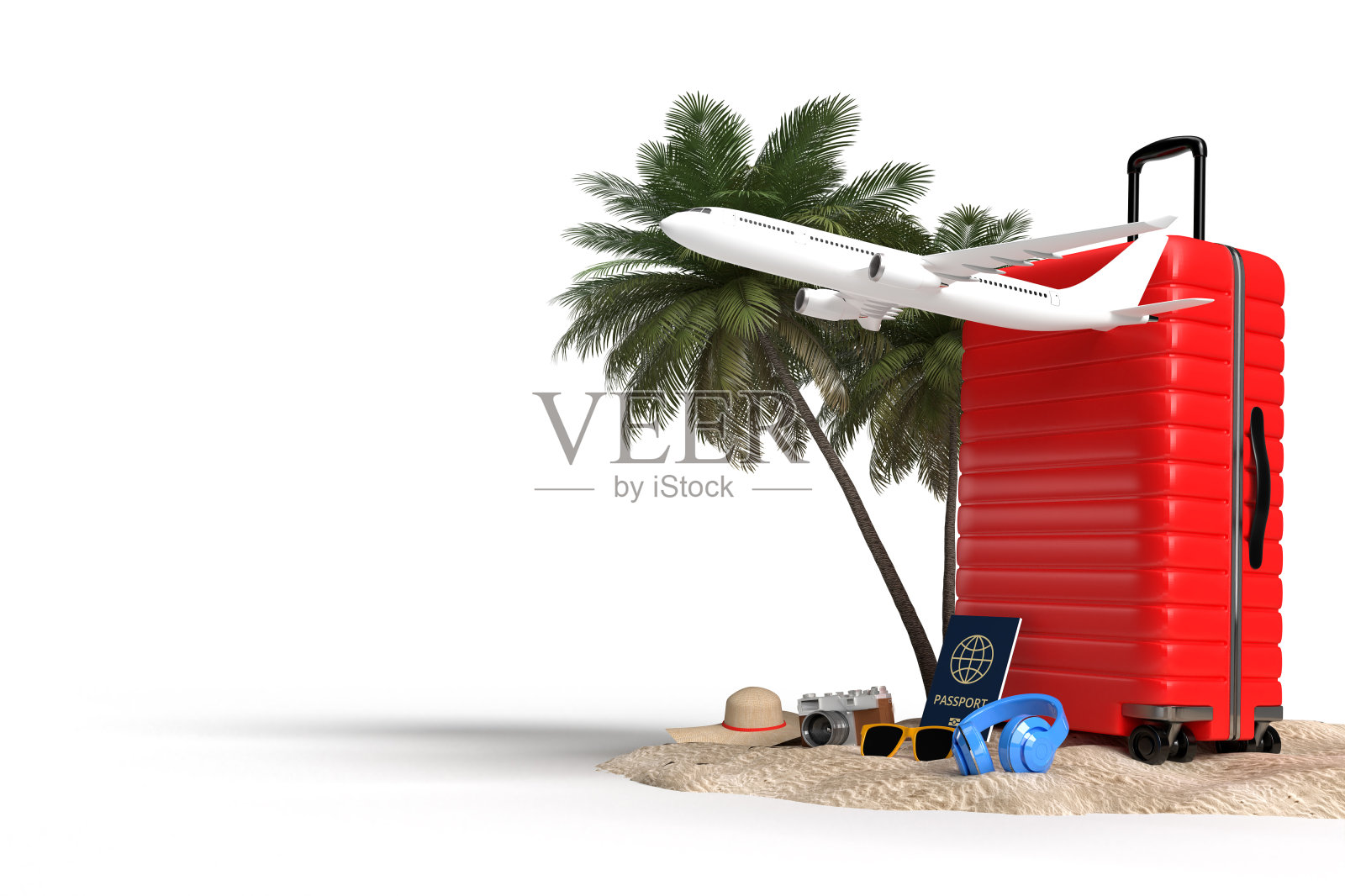 装有飞机和旅行配件的行李箱，度假必备物品。冒险和旅行假期旅行。旅行概念设计横幅模型模板。三维渲染照片摄影图片