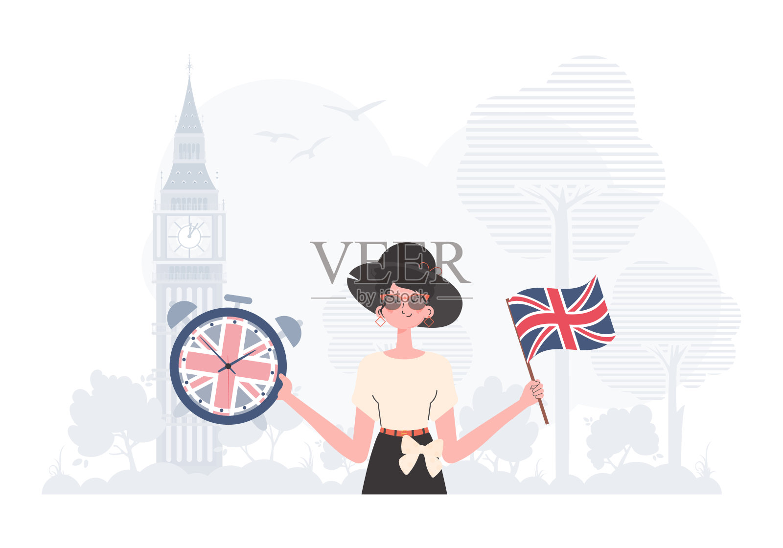 学习英语的概念。女老师告诉我们该学英语了。平坦的现代风格。向量。插画图片素材