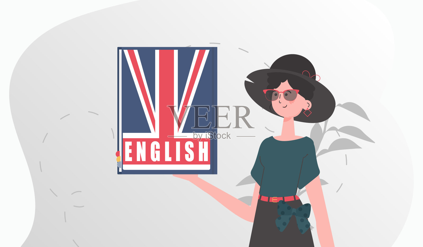 学习英语的概念。一位女士手里拿着一本英语词典。时尚卡通风格。向量。插画图片素材