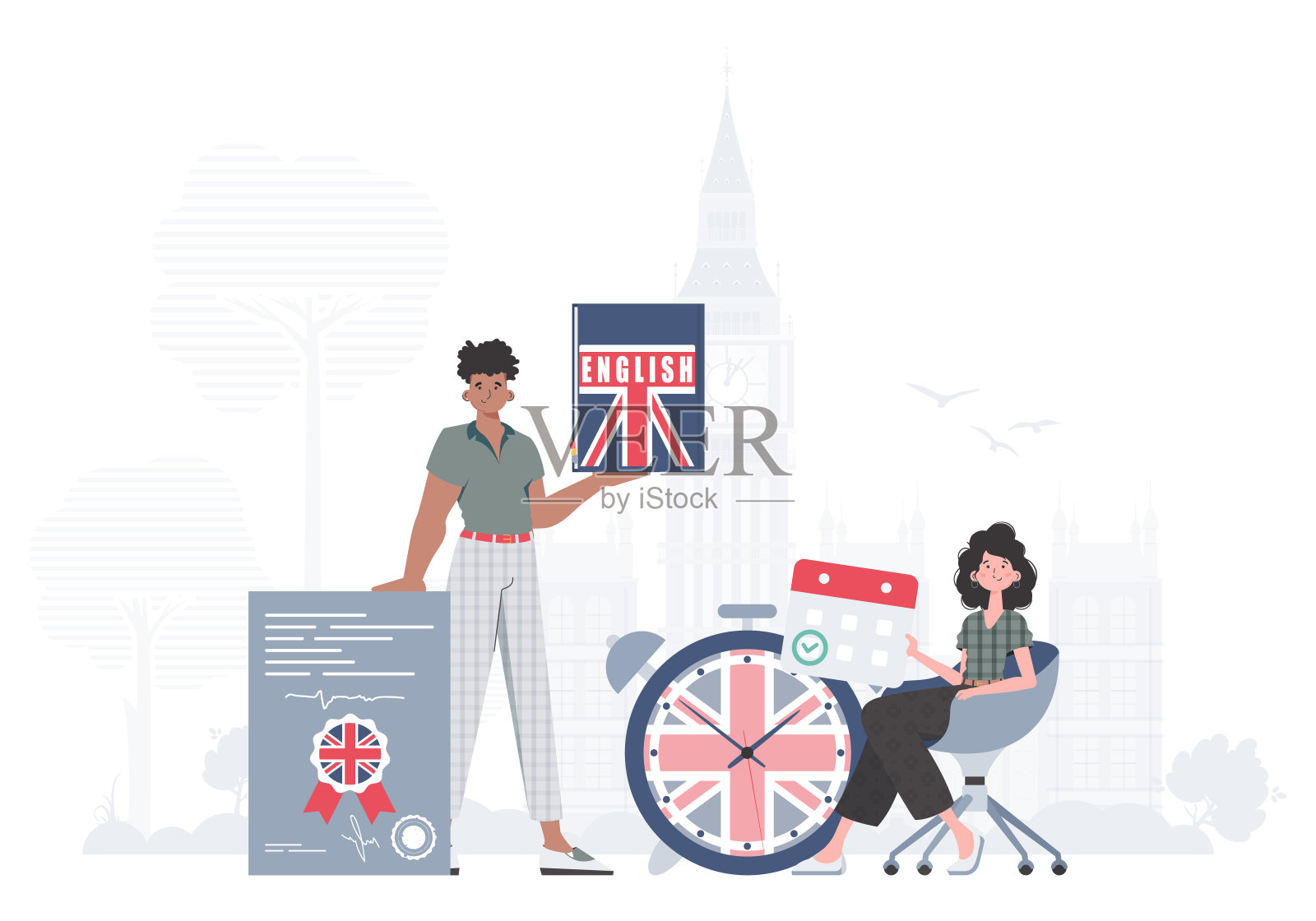 学习英语的概念。男女英语老师。平坦的现代风格。向量。插画图片素材
