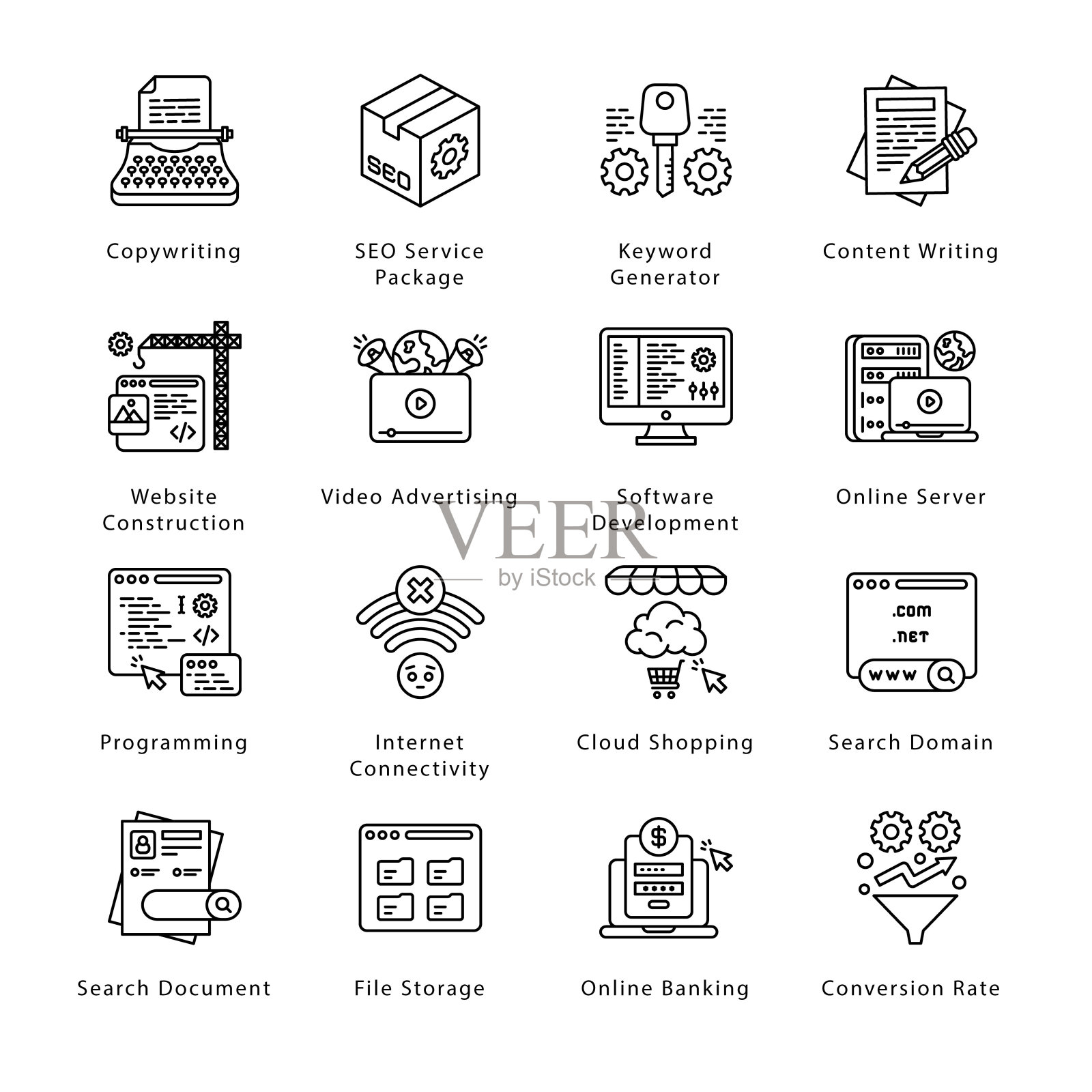 搜索引擎优化，发展和营销大纲图标-描边，向量图标素材