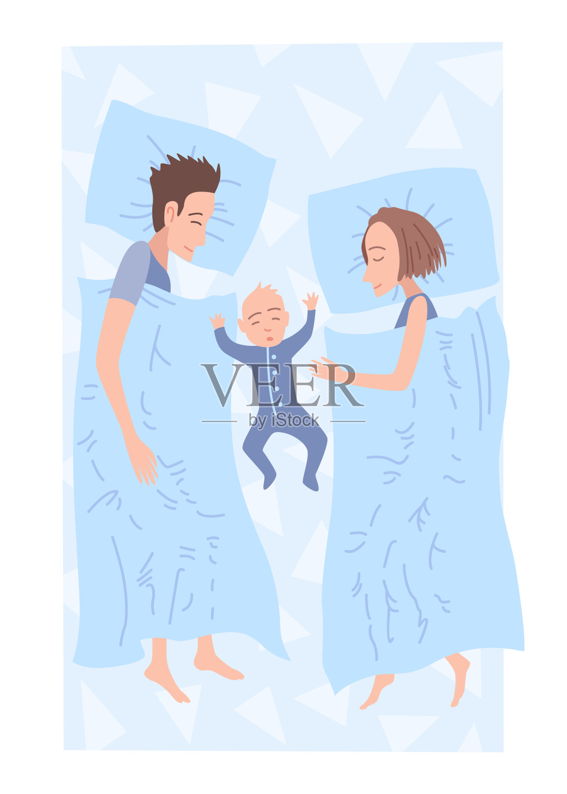 让人睡在床上。夜间睡眠时的躺姿。俯视图睡觉夫妇和婴儿在卧室。女性和男性夜间做梦的位置插画图片素材