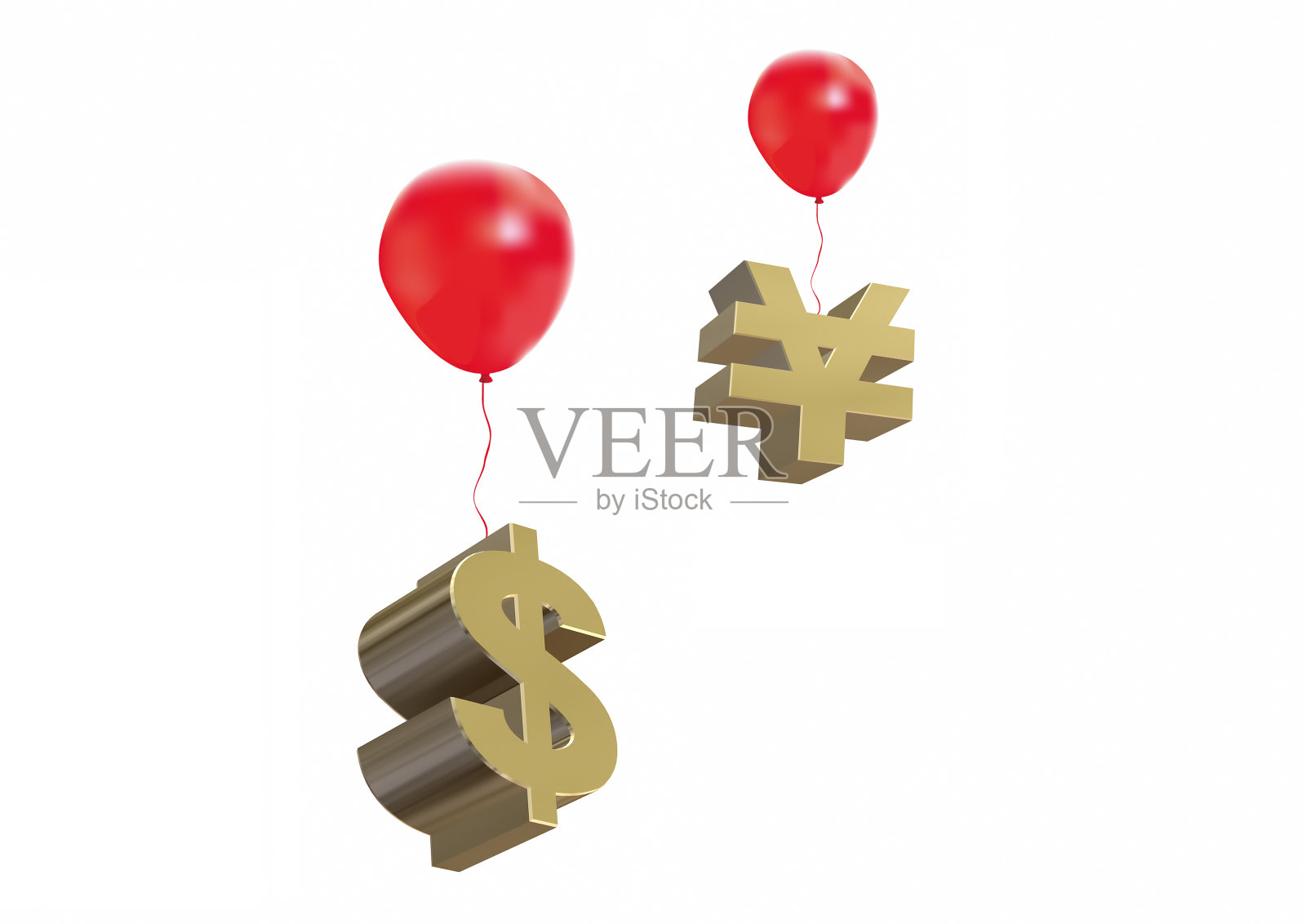 红色气球上悬挂着美元和日元升值的3D插图照片摄影图片