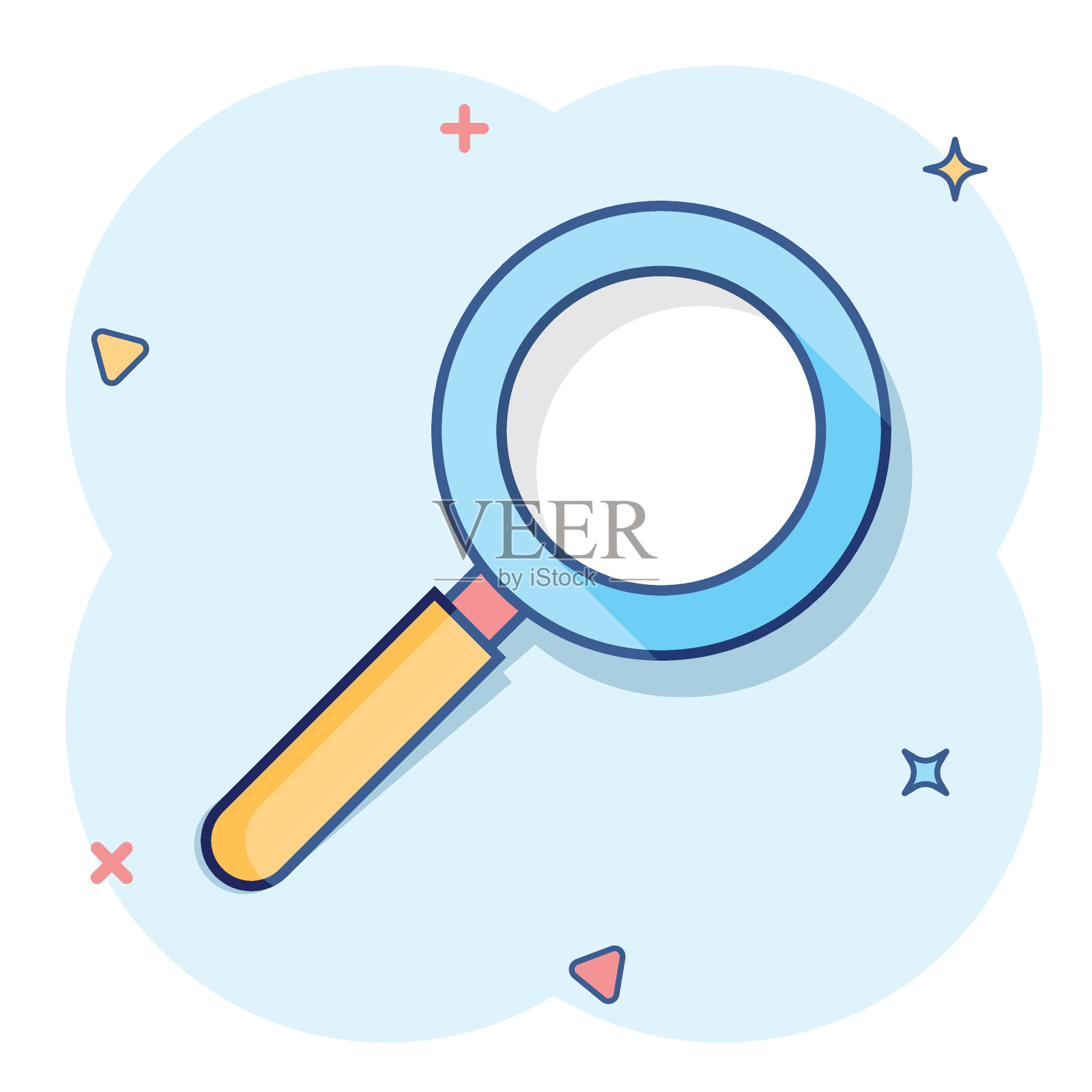 矢量卡通放大镜图标在漫画风格。放大镜标志插图象形图。搜索业务飞溅效应概念。插画图片素材