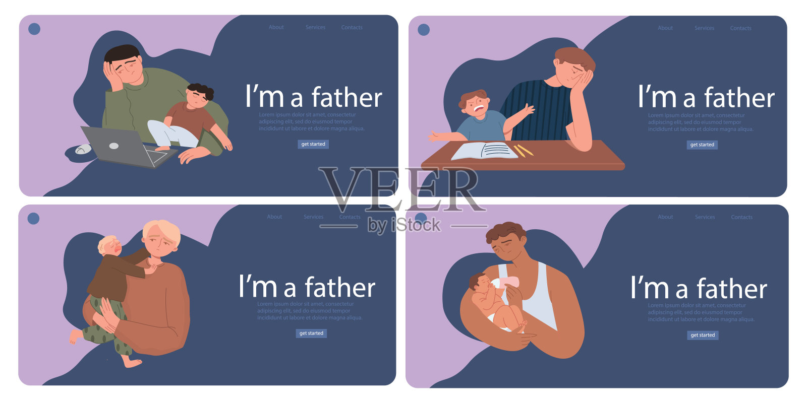 我是一个父亲。为人父母和照顾孩子的概念。一个精疲力竭的男人肩负起父母的责任。着陆页模板集合向量平面插图在孤立的白色背景。插画图片素材